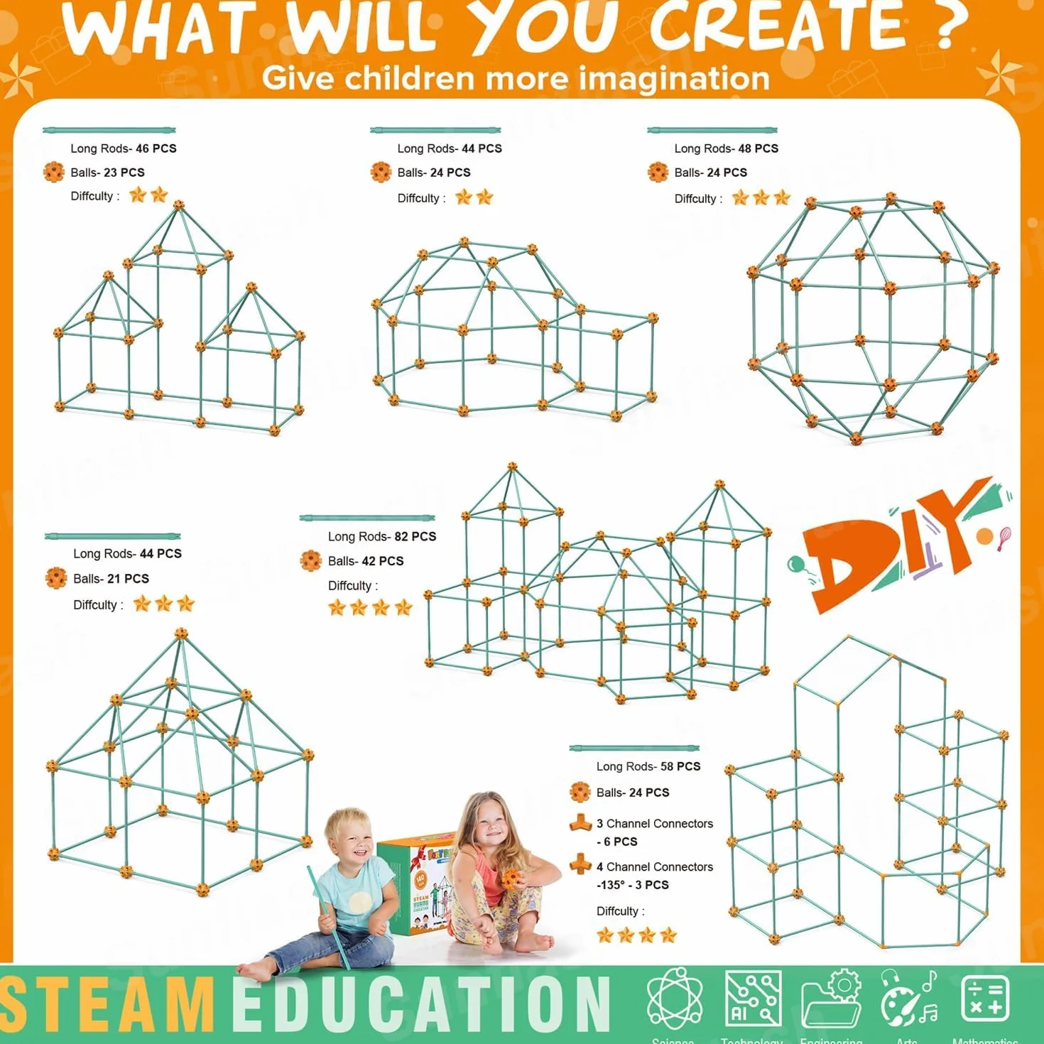 Kit de Construcción Fuertes, DIY Puzzle Casa Juguete, 140Pcs Juguetes Educativos, Bricolaje Construcción, Castillos Túneles, Jugar Tienda de Campaña, Casa Regalo para 3+ Años(Excluyendo paño Suave)