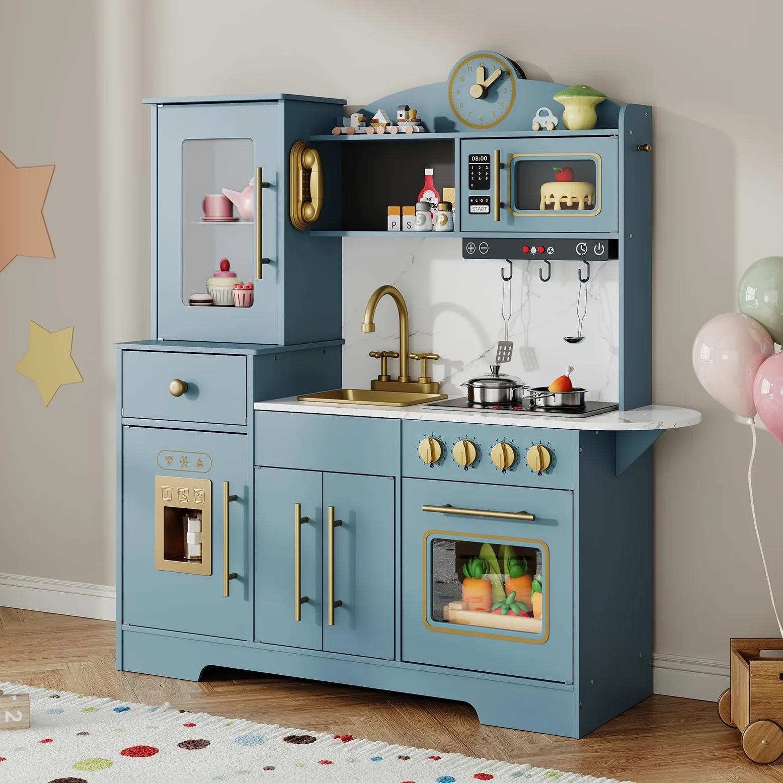 Cocina Juguete para Niños, Cocinita Infantil con Sonido Fogón Grifo Fregadero Microondas Reloj Máquina de Hielo y Accesorios de Cocina, Cocinita de Madera Infantil y 3 Años +, Educativo Imitación