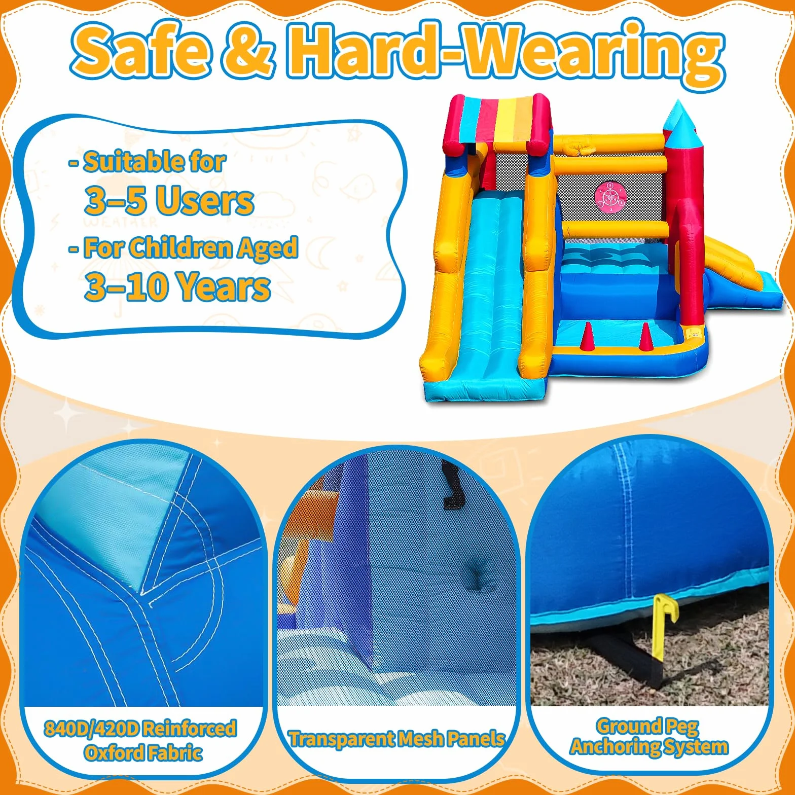 Castillo Hinchable para Niños, FOOING 9 en 1 Casa Inflables con Soplador de Aire, Trampolín, Tobogán, Estante Baloncesto, Pared Escalada, Casa Inflable Interior al Aire Libre para Fiesta Cumpleaños