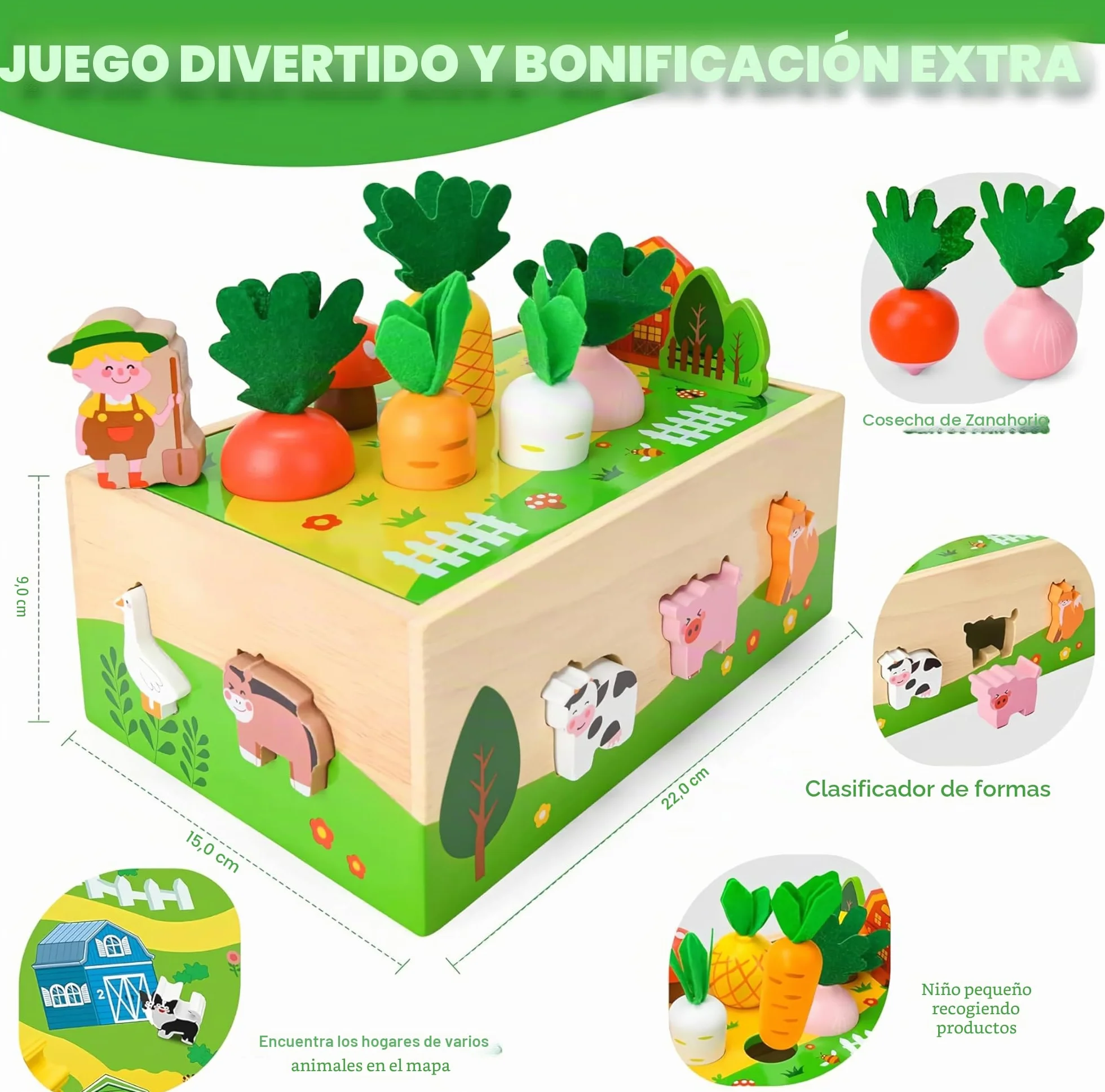 Montessori Juguete de madera para niños de 1, 2 y 3 años, juego de granja con animales y verduras, regalo para niñas y niños