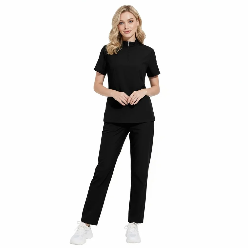 Set de uniformes médicos para mujer DK50 con cuello en V y cremallera, cuatro bolsillos, pantalón de yoga elastizado