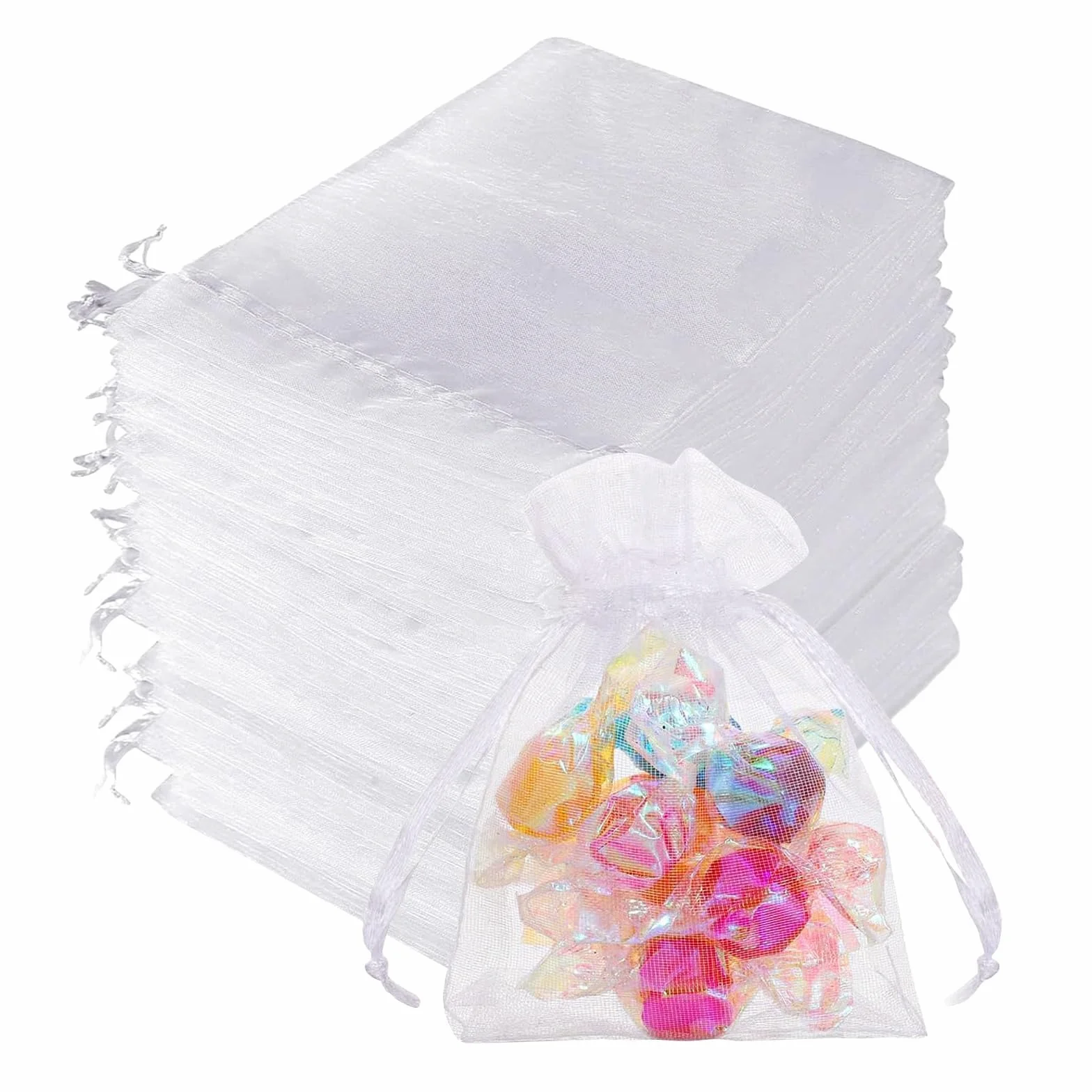 Quelcc 100 Piezas Bolsas de Organza, 7x9cm Bolsas Organza, Bolsitas de Tela Pequeñas Blancas para Bolsas Regalo con Cordón, Bolsita de Tul, Joyas, para Boda Favores Joyas y Dulces