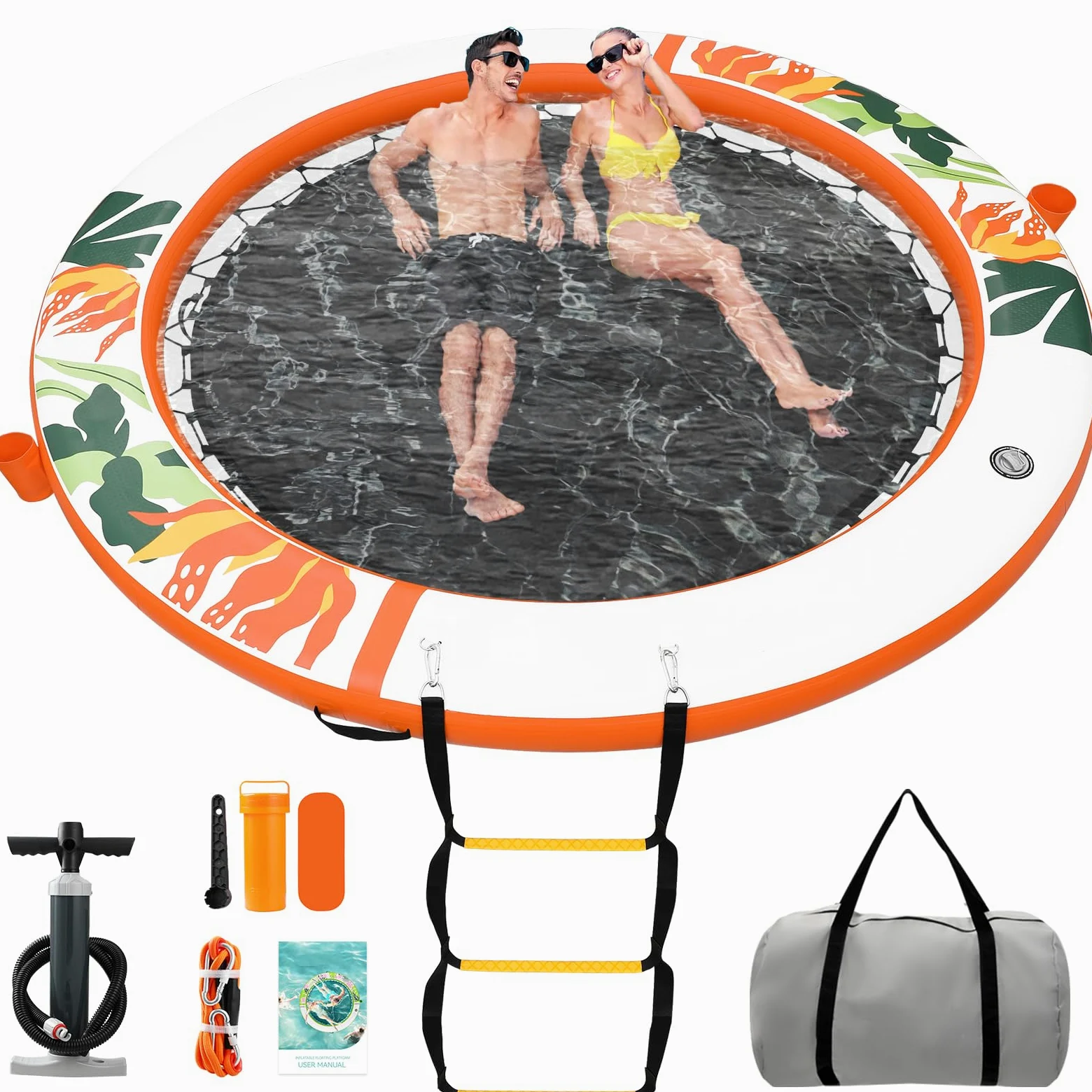 Plataforma Flotante Inflable Colchoneta Piscina 240 cm, Anillo Sunchill, Floating Yoga Dock Isla Flotante Hamaca Acuática Flotador Reposera con Escalera y Portavasos