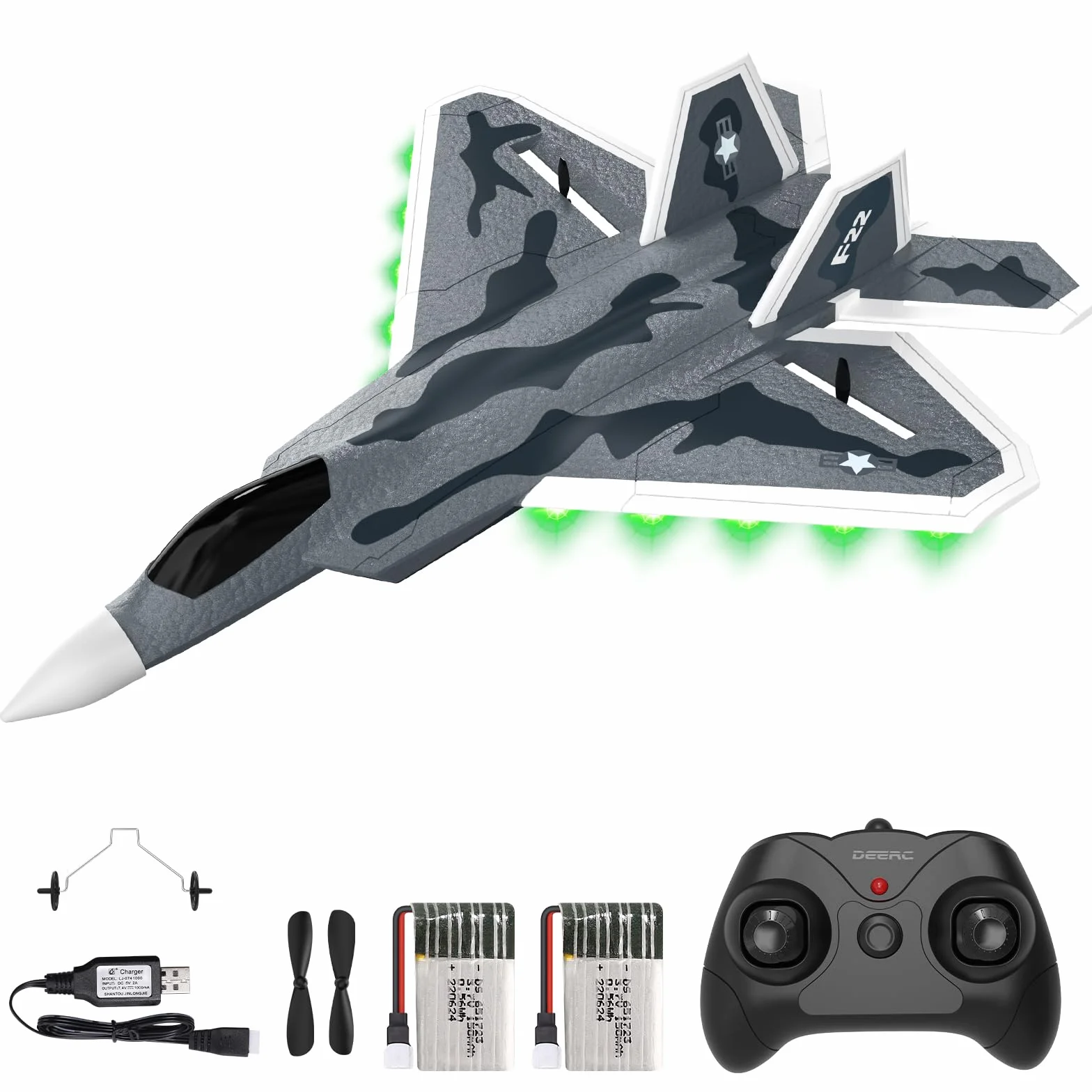 DEERC 2CH F22 Avion Teledirigido con Luces, Avión RC Combate Control Remoto, Planeador RTF con Estabilizador Giroscópico de 6 Ejes de 2.4 GHz y 2 Baterías, Fácil de Volar para Niños y Principiantes.