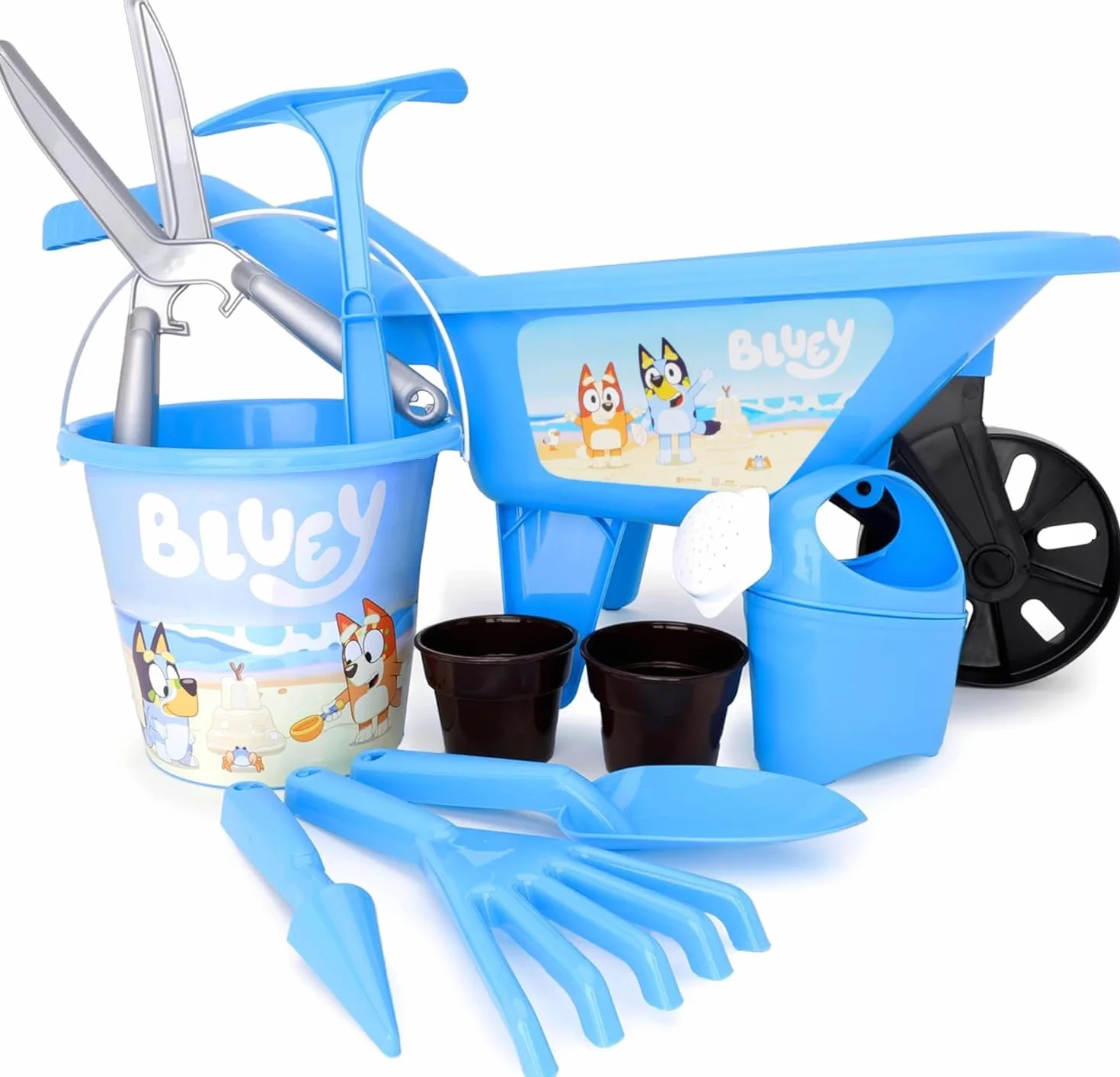 Toyland® Juego de jardinería Bluey de 10 Piezas para niños - Carretilla, regadera, macetas, Herramientas y más - Juego de Juguetes para jardín al Aire Libre - Edad 2+