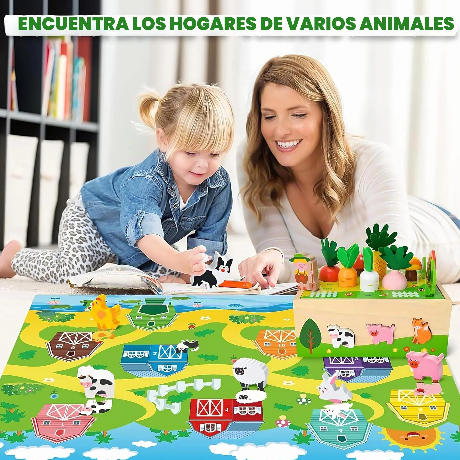 Montessori Juguete de madera para niños de 1, 2 y 3 años, juego de granja con animales y verduras, regalo para niñas y niños