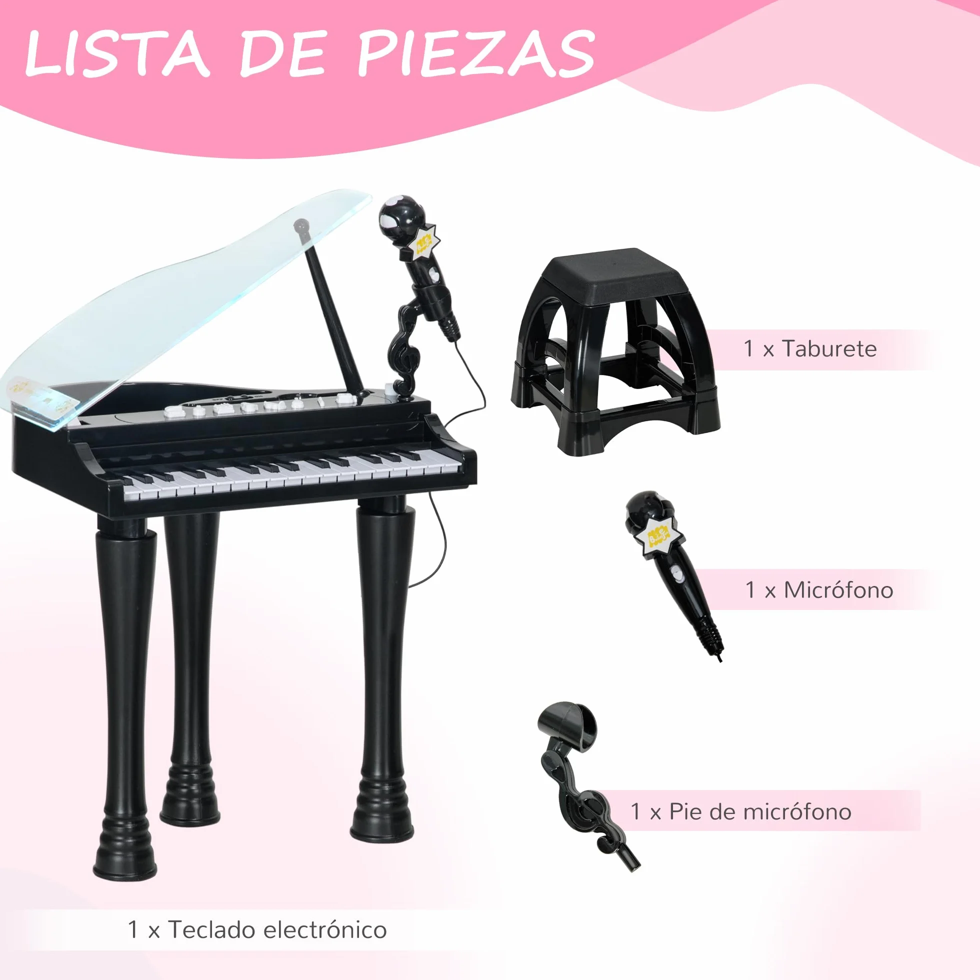 AIYAPLAY Piano Electrónico Infantil de 32 Teclas Juego de Piano con Micrófono Taburete Luces 22 Canciones 4 Sonidos Patas Desmontables y Volumen Ajustable 37x30,5x60,4 cm Negro