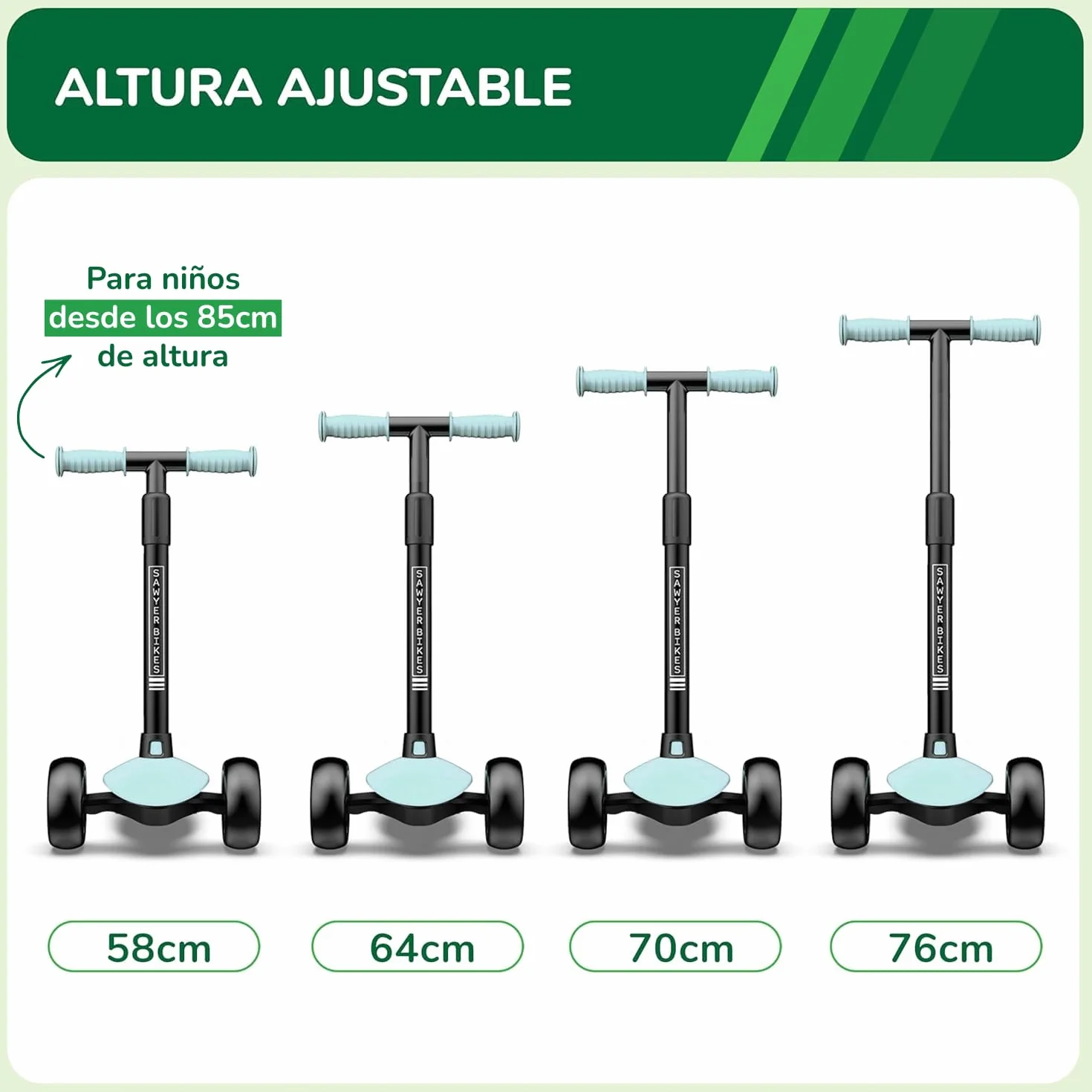 Sawyer Bikes - Patinete Ajustable Ruedas LED - Niños 2 a 8 Años
