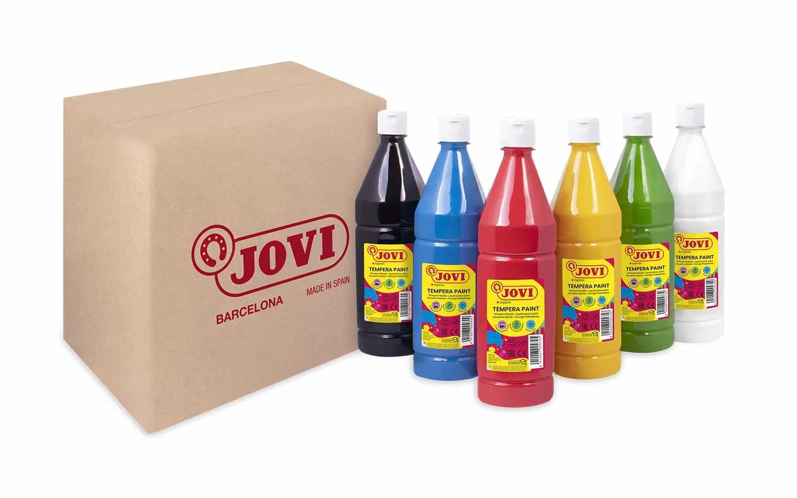 Jovi - Témpera líquida, Estuche 6 botes de 1L, Colores Primarios, escolar | Fácil de lavar, Sin gluten,