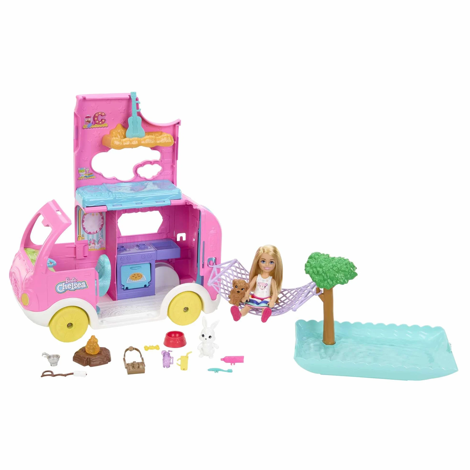 Barbie Chelsea con Furgoneta Camper Muñeca con Coche de Juguete Autocaravana y Accesorios, +3 años (Mattel HNH90)