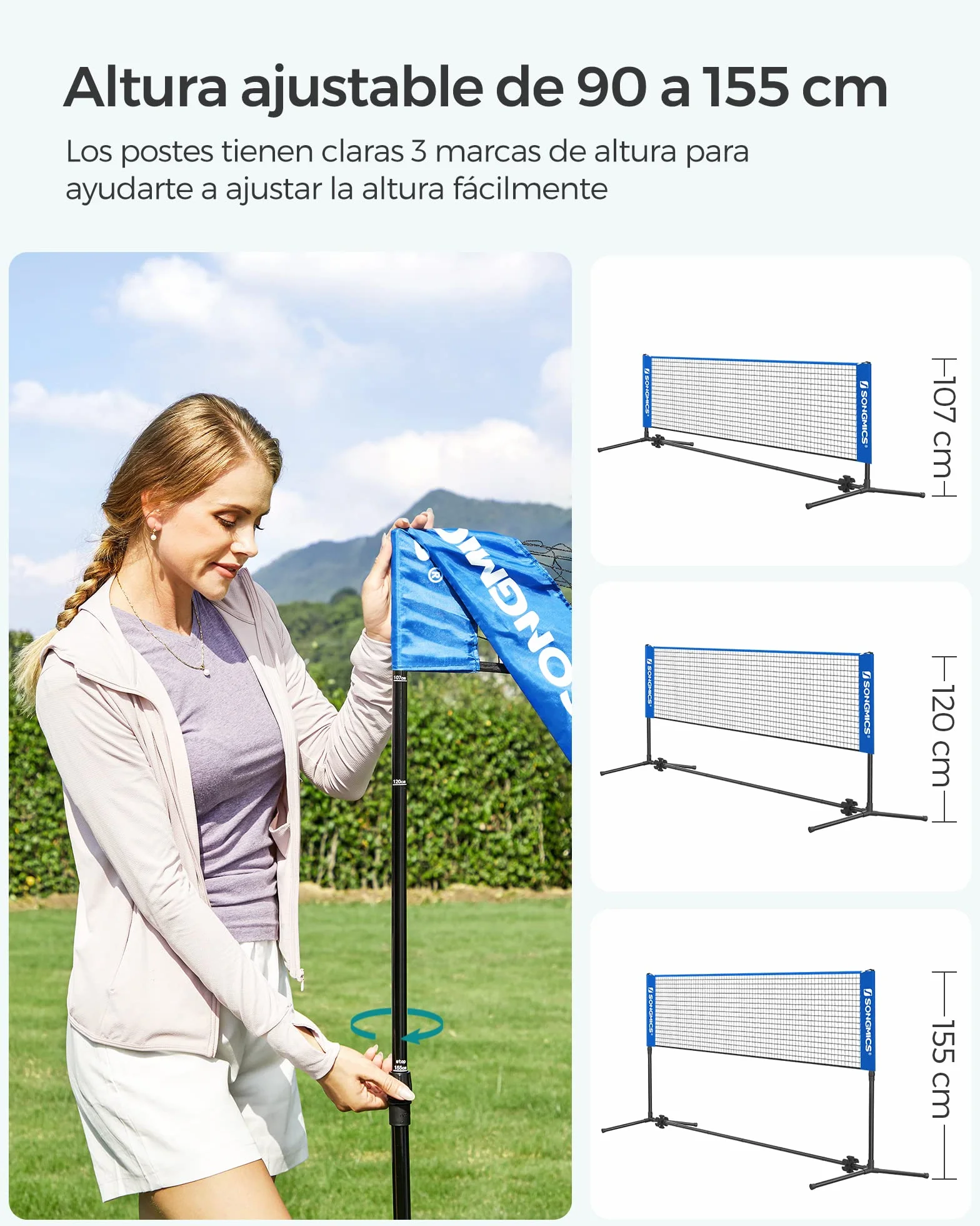 SONGMICS Red de Bádminton 4 m, Voleibol con Postes Ajustables, Portátil para Jardín, Parque, Exterior, Azul SYQ400