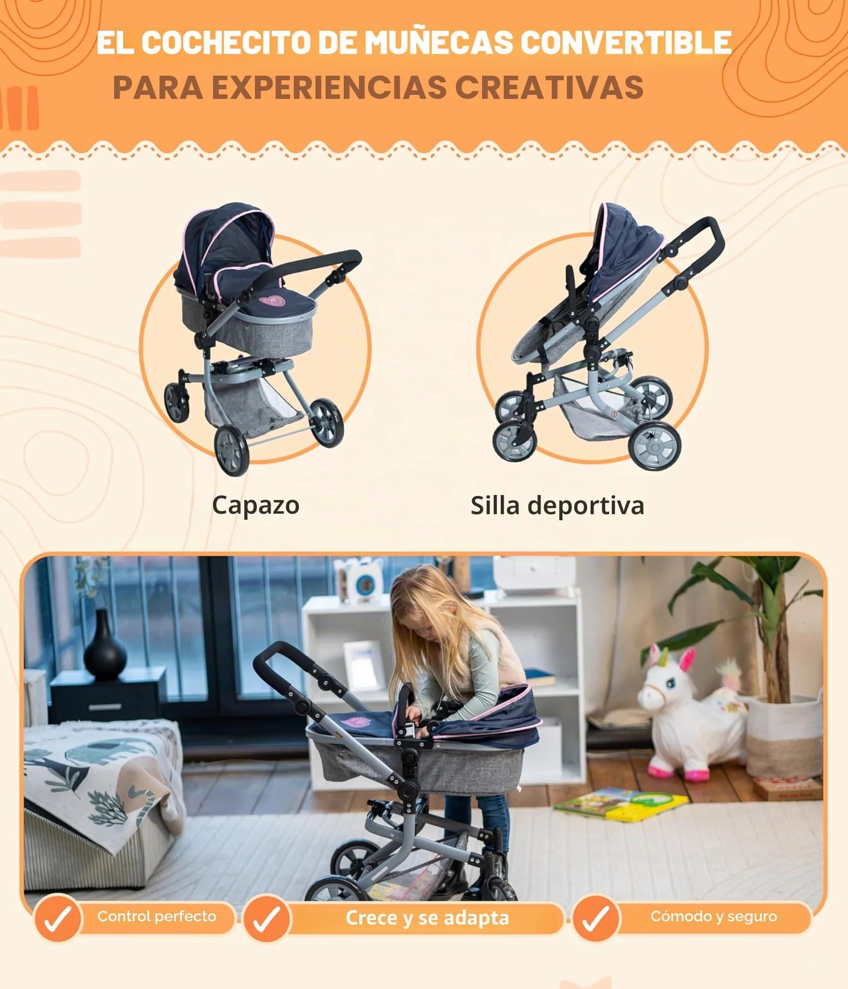 Bayer Chic 2000 - Cochecito de muñecas Mika, 2 en 1 para niños de 4 a 8 años, Color Gris y Azul Marino