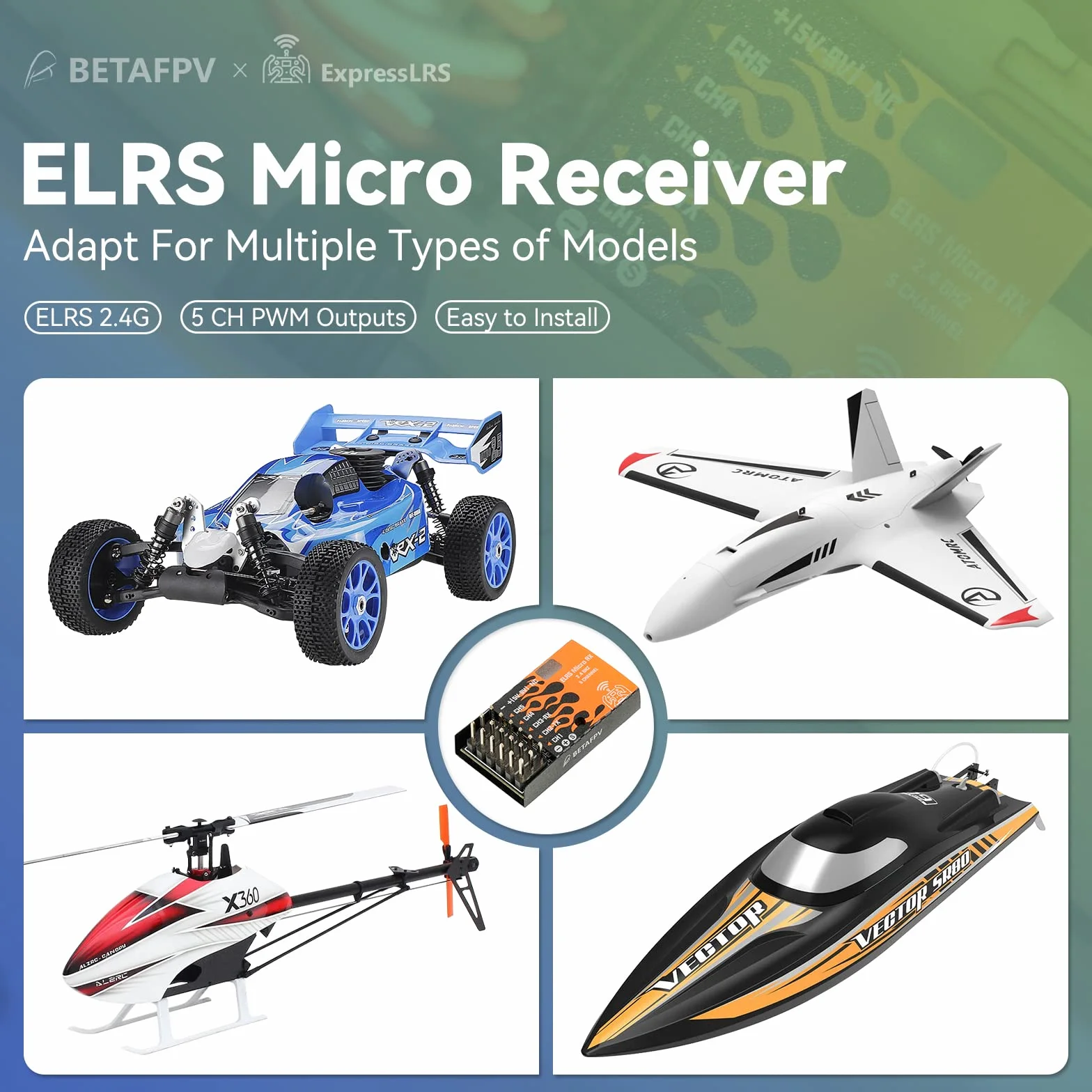 BETAFPV ELRS Micro Receptor Soporte 5CH PWM Salidas Función a Prueba de fallas con IPEX MHF T Antena para multirrotores Helicópteros de ala Fija RC Coches Barcos Fácil de Instalar Plug and Play