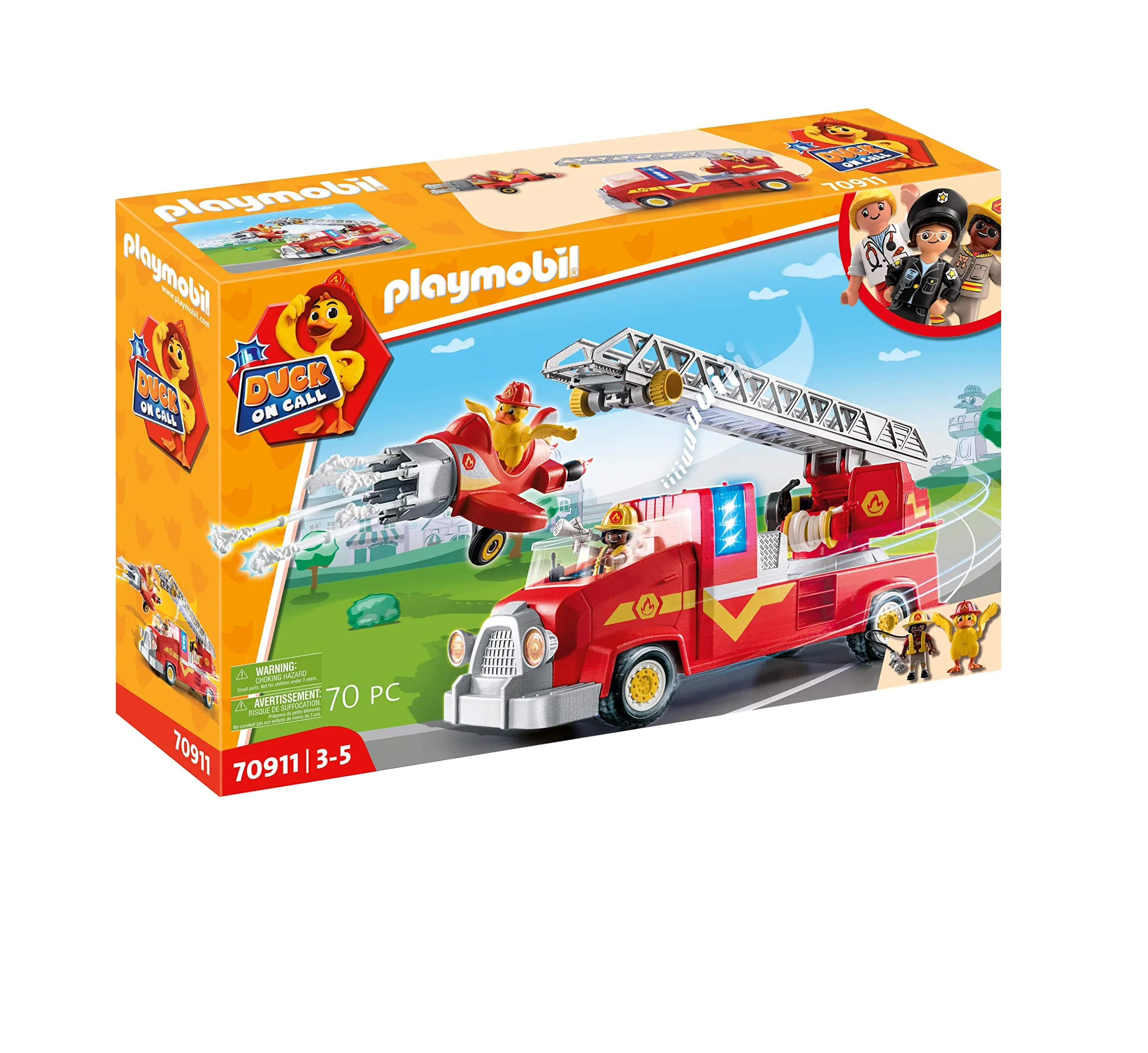 PLAYMOBIL Duck ON Call 70911 Camión de Bomberos con miniavión, con luz y Sonido, Juguete para niños a Partir de 3 años
