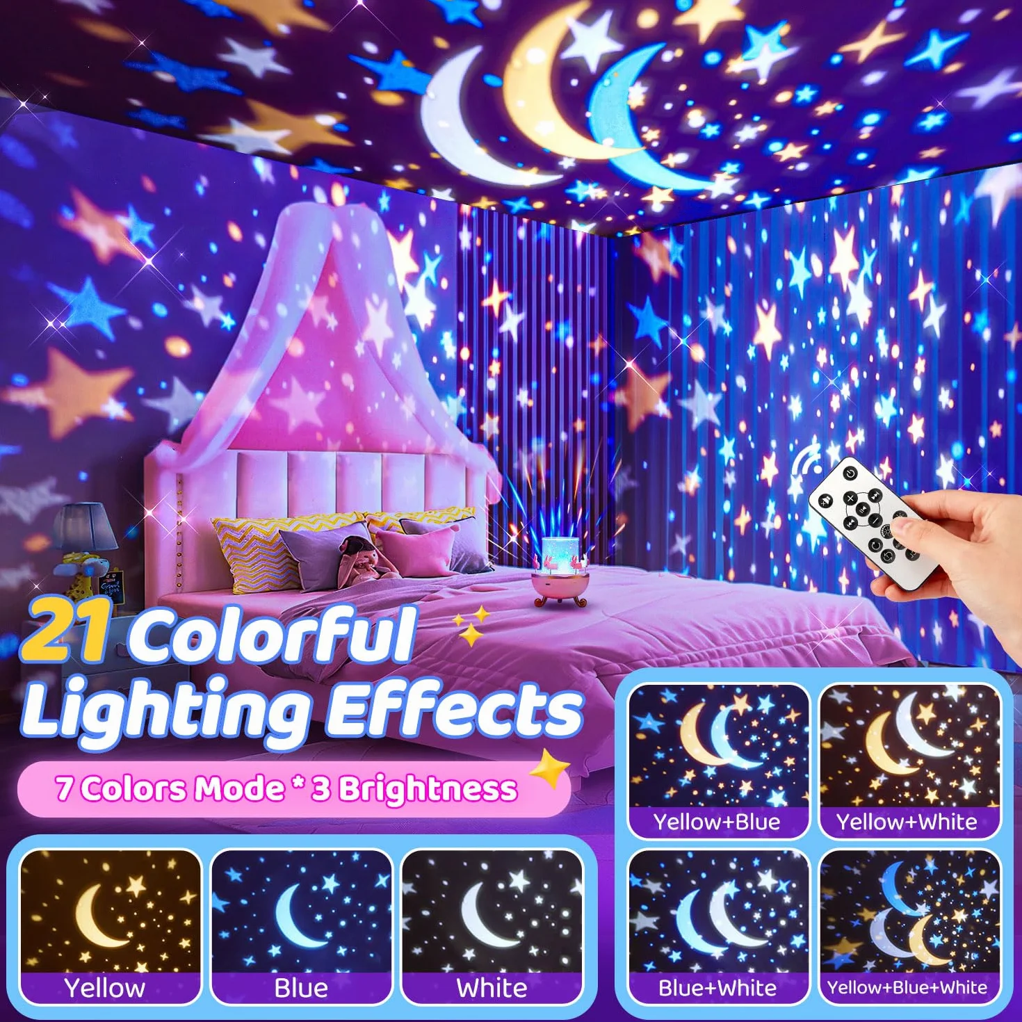 One Fire Proyector Estrellas, Regalo Niña y Luz Nocturna Infantil con 315 Modos & 15 Films, Juguete Educativo 360° como Ayuda para Dormir, Recargable con 15 Músicas, Mando y Temporizador
