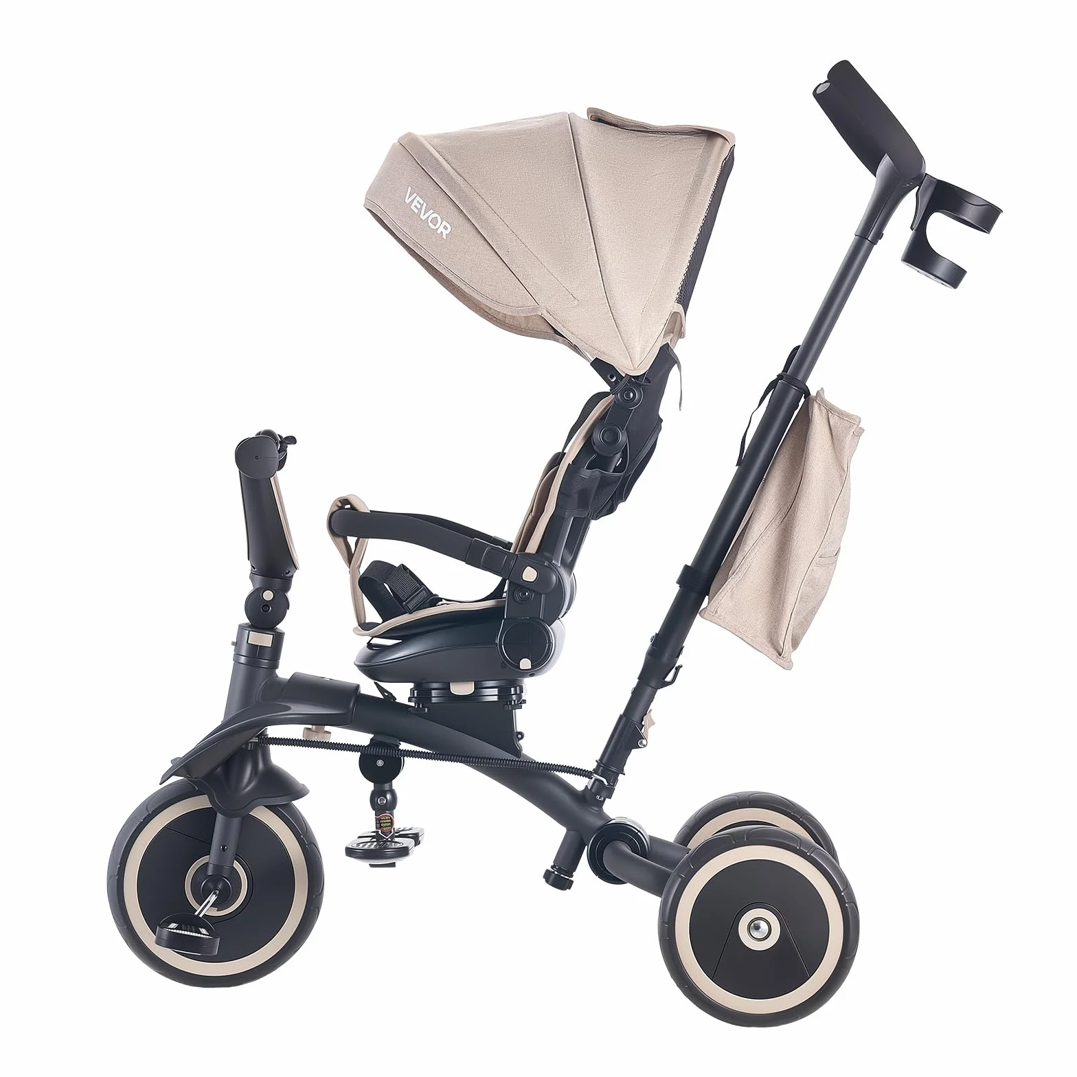 VEVOR Triciclos Plegable para Niños de 1,5 a 5 Años, Triciclo Infantil con Manillar de Empuje, Capota, Asiento Giratorio, Espacio de Almacenamiento, Cuadro de Acero al Carbono, Caqui y Negro