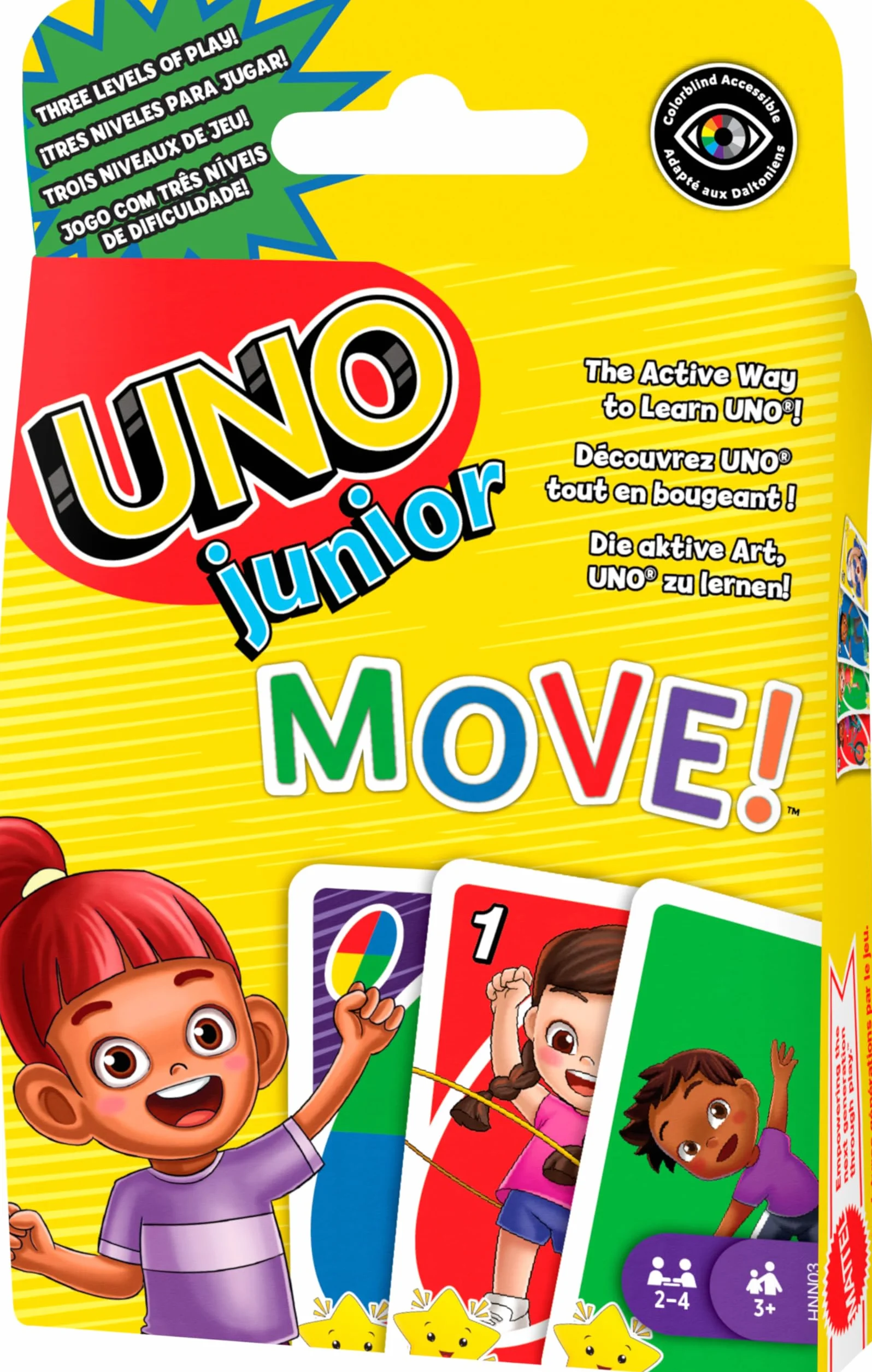 Mattel Games UNO Junior Move! Juego de Cartas con Tres Niveles para Jugar, Juego de Mesa +3 años (Mattel HNN03)