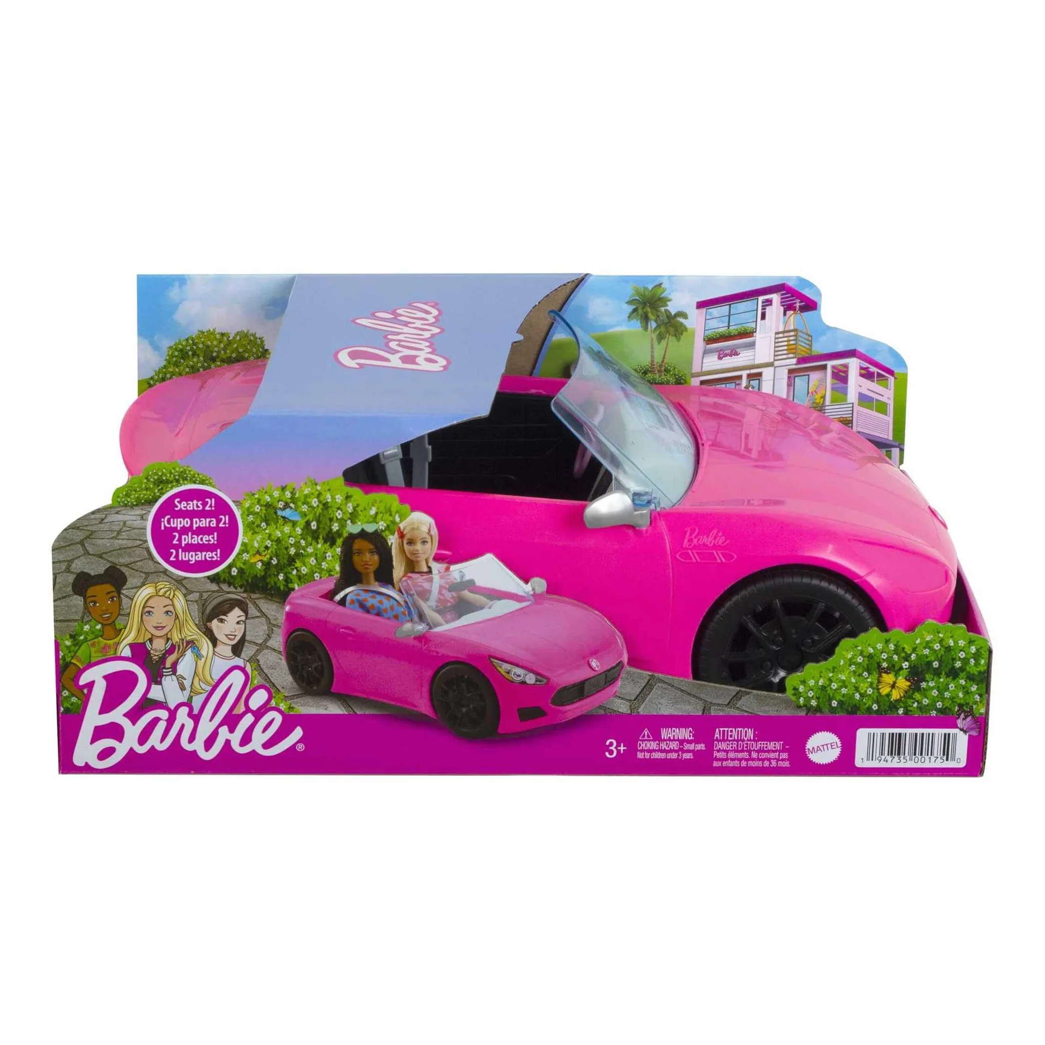 Barbie Descapotable Rosa con 2 plazas para muñecas, Coche de Juguete, Regalo para niñas y niños +3 años (Mattel HBT92)