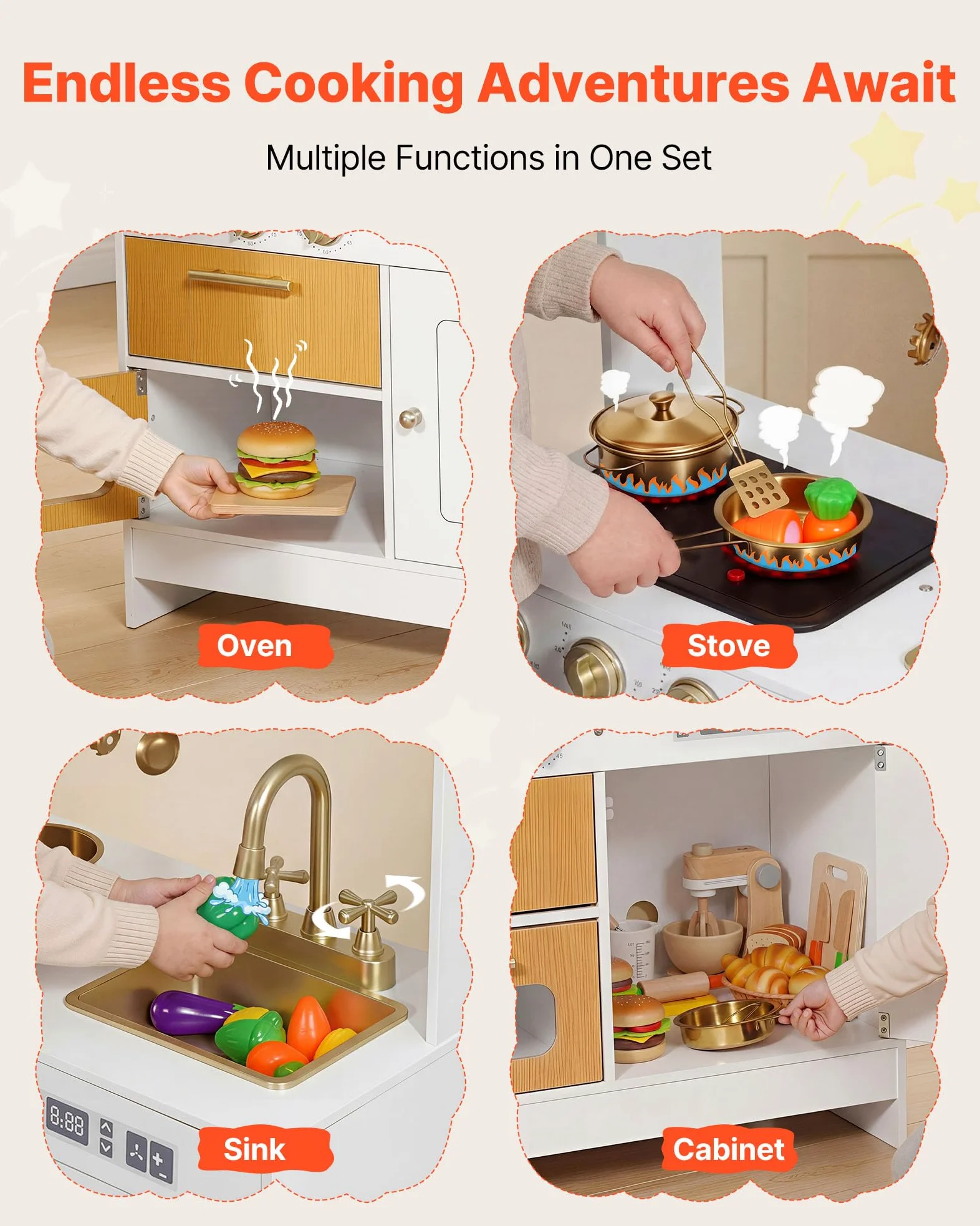 VEVOR Cocina de Juguete para Niños de 3 a 8 Años, Cocinita Infantil de Madera con Luces y Sonidos, Zonas Interactivas, Juego de Cocina con Almacenamiento, Microondas, Fregadero, Accesorios, Blanco