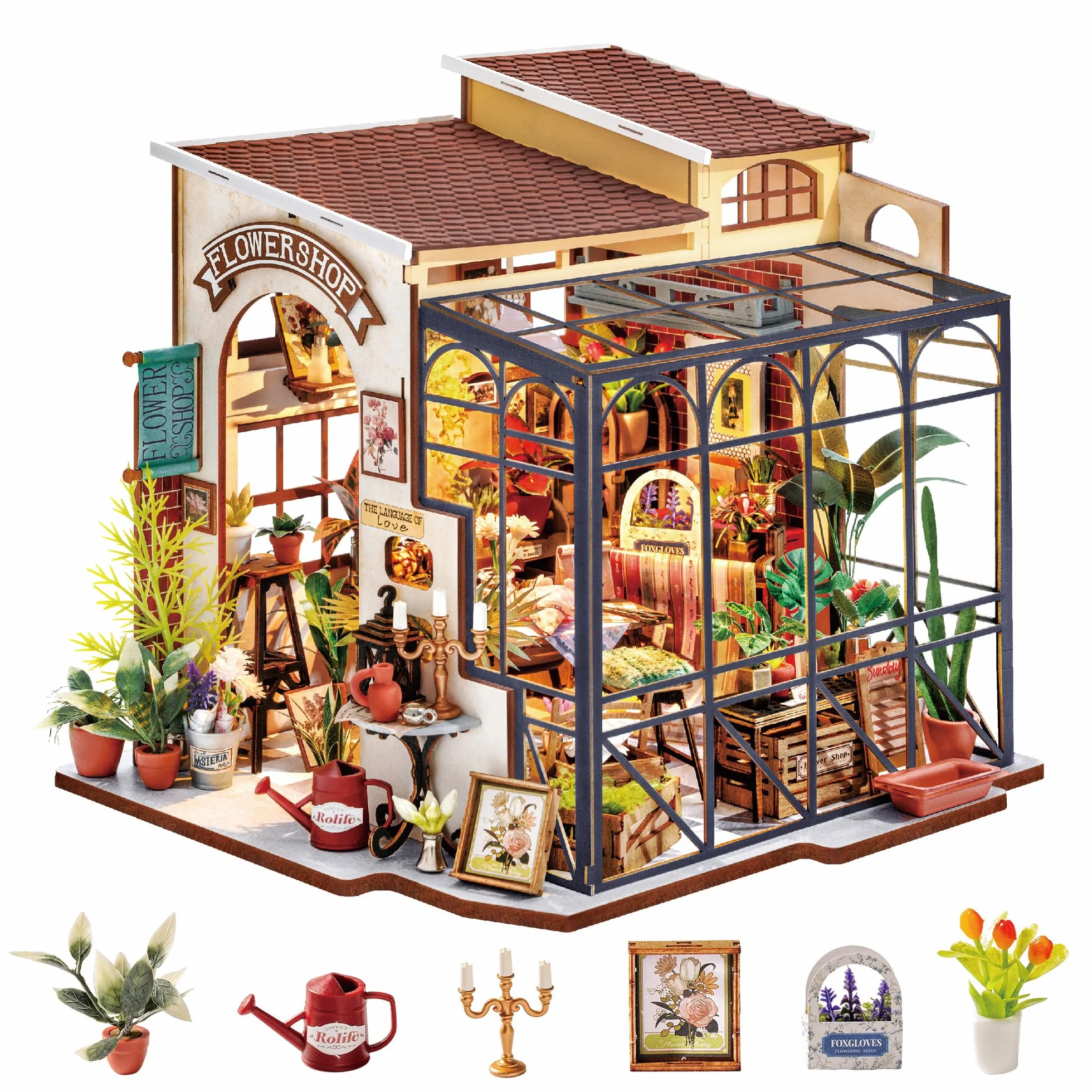 Rolife Casa de Muñecas en Miniatura La Floristería de Emily Casa de Muñecas de Madera para Adultos Book Nook Librería Decoración del Hogar Regalo Cumpleaños