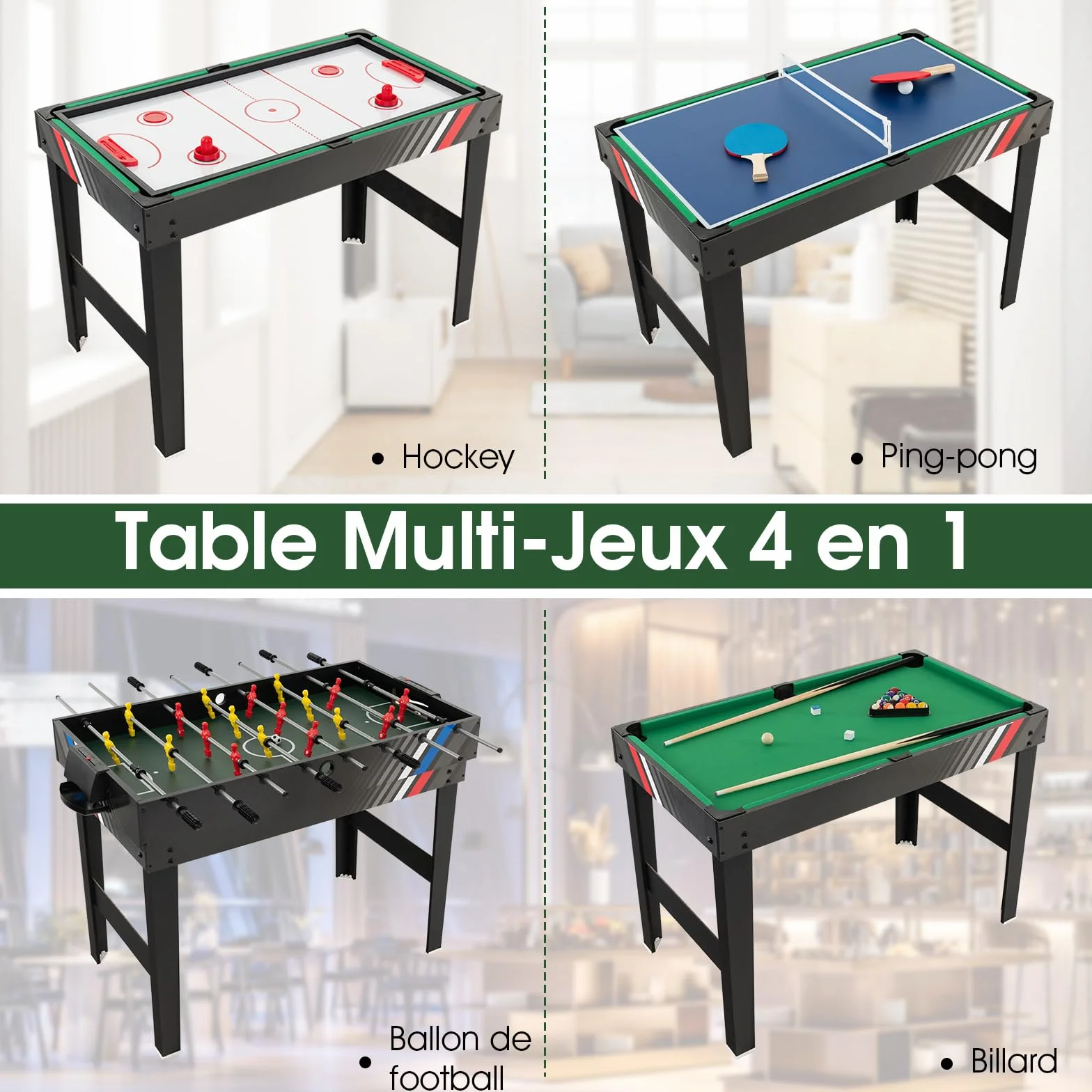 GOPLUS 4 en 1 Juegos de Mesa Adulto y Niño, Mesa Multijuegos de Fútbolin, Hockey, Ping-Pong, Billar, 125 x 97 x 83 cm，2-4 Juegos Interactivos para Hogar, Fiesta, Negro