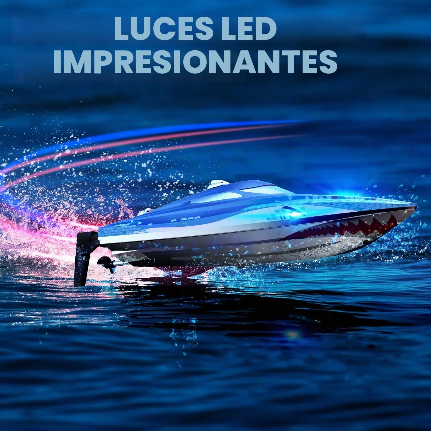 DEERC RC Boat con iluminación LED, barco tiburón teledirigido para piscinas y lagos, más de 20 km/h, barco de carreras de 2,4 GHz, juguete de piscina para niños a partir de 8 años