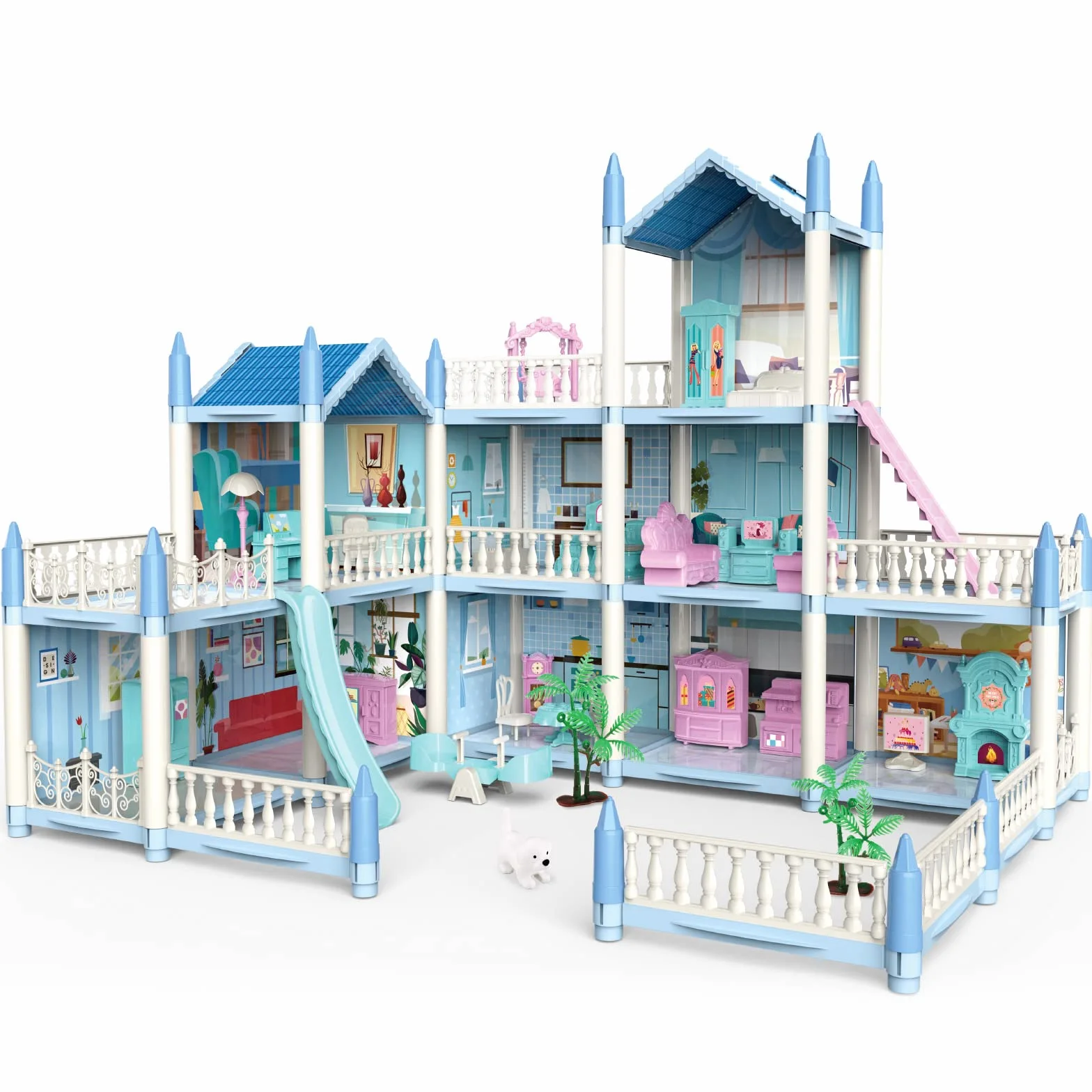 deAO Casa de Muñecas Villa para Niñas, 3 Pisos Casa de Muñecas de Ensueño con Muebles y Toboganes, Escaleras, Vallas, Perro Muñeco, Princess Castle Playset, Regalo para Niñas de 6+ Años (Azul)
