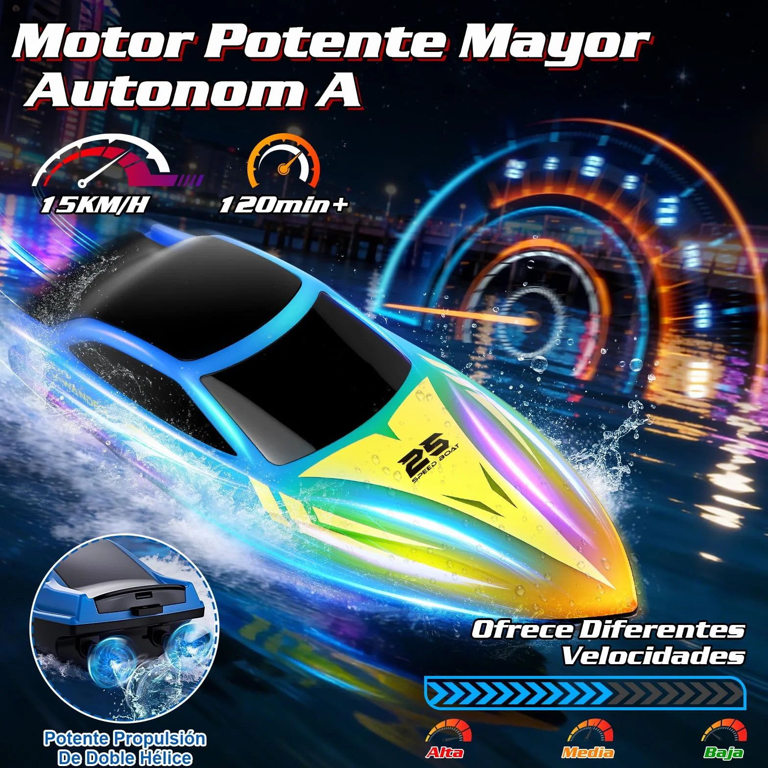 FORMIZON Barco Teledirigido, 2.4GHz Lancha Teledirigida con 7 Modos de Luces LED, 15 km/h Barco RC para Piscinas, más de 120 Minutos, Barcos Teledirigidos Juguetes de Piscina para niños (Azul)