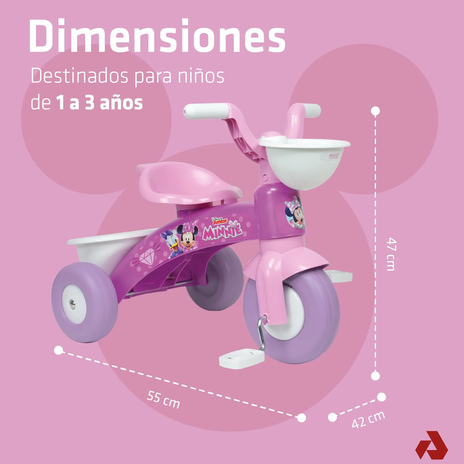 Triciclo Bebe 1 Año 2 Años 3 Años Trico MAX Minnie Mouse - Triciclo Infantil para Niños y Niñas - Triciclo Ligero con Pedales + Cesta Delantera y Trasera Portaobjetos - INJUSA