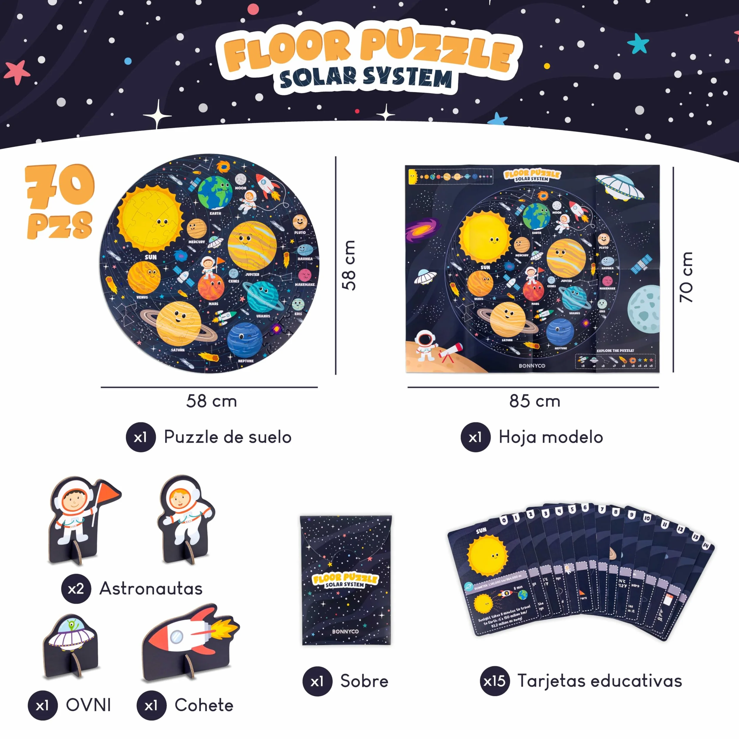 BONNYCO Puzzle XXL Sistema Solar 70 Piezas 58x58 cm Rompecabezas Redondo Planetas Juegos Educativos Niños 4 Años