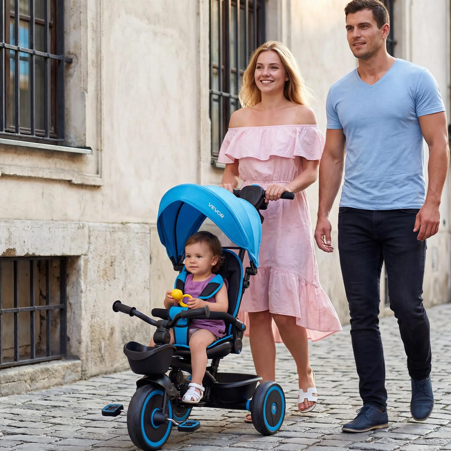 VEVOR Triciclos para Niños de 1 a 5 Años, Triciclo Infantil con Manillar de Empuje para Padres, Capota, Asiento Ajustable, Espacio de Almacenamiento, Cuadro de Acero al Carbono, Azul y Negro