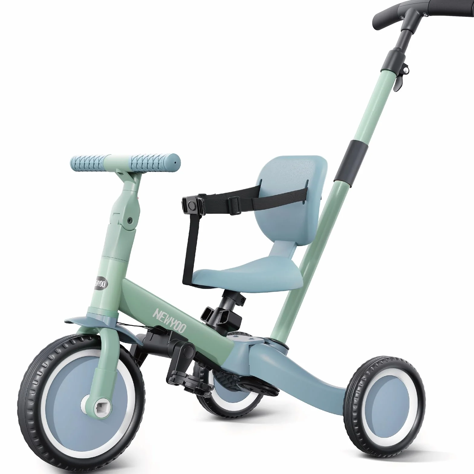 newyoo TR007 Triciclo Evolutivo 5 en 1 para Bebé 1-3 Años con Barra de Seguridad y Empuje, Regalo Infantil con Pedales y Modo Bicicleta, Verde
