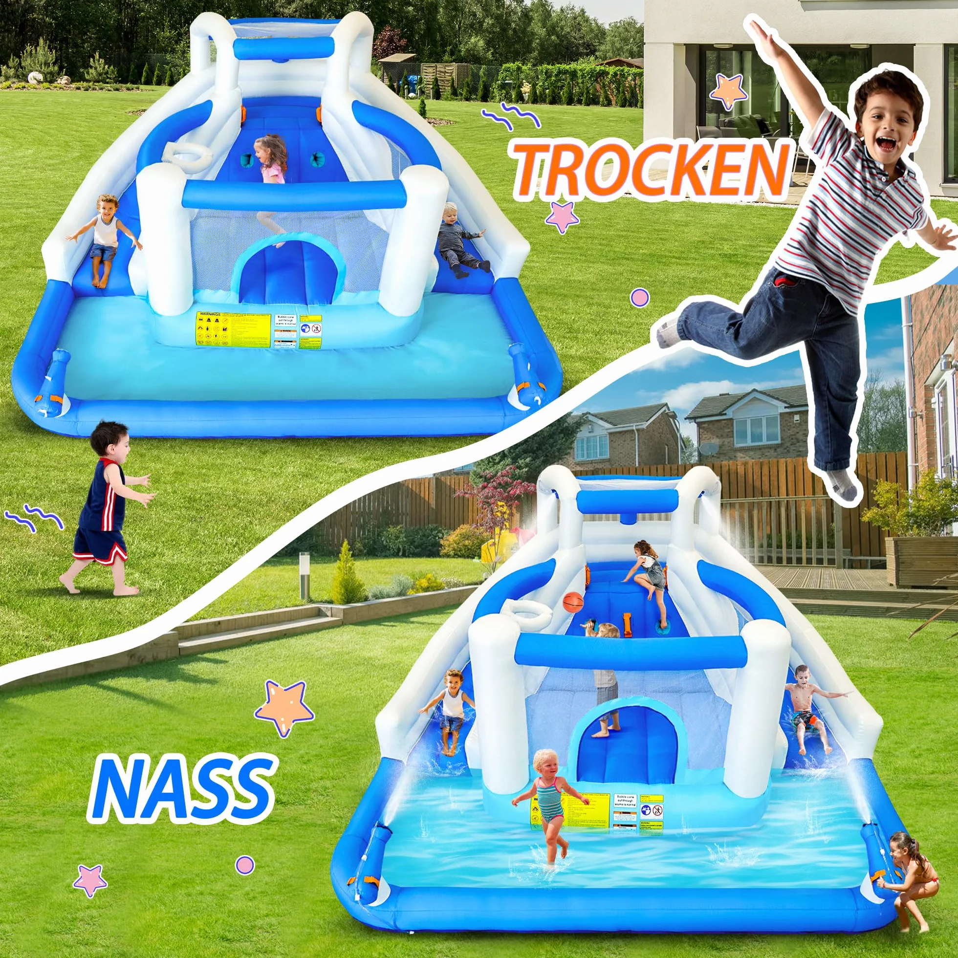 Castillo hinchable con tobogán acuático, trampolín, canasta de baloncesto y 2 pistolas de agua, castillo hinchable para niños, adecuado para jardín y fiesta