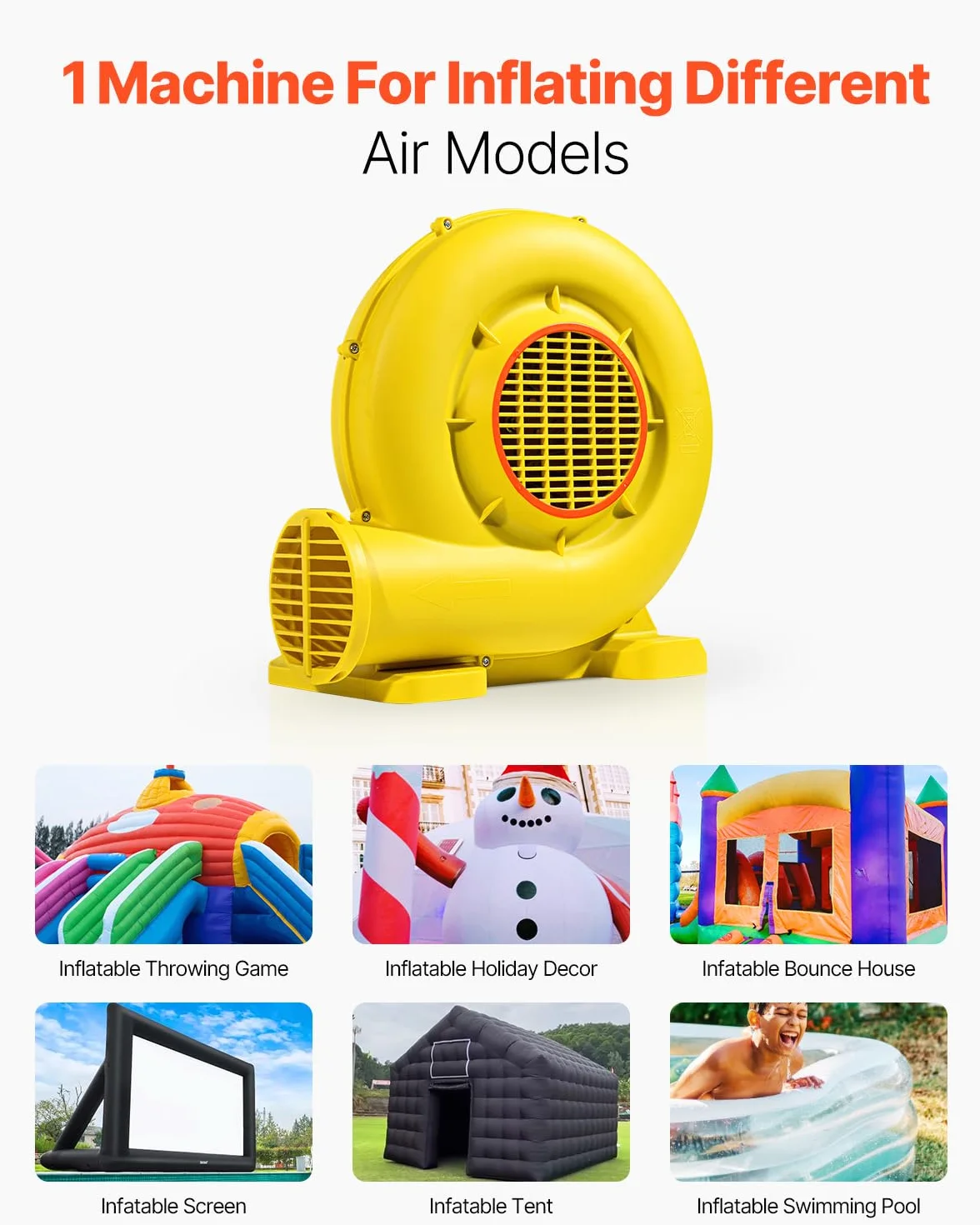 VEVOR Soplador de Aire para Castillos Inflables, 590 W y 690 W, 1,0 HP, Bomba Comercial, Ventilador Eléctrico 2750 RPM, Castillos Inflables, Toboganes de Agua, Amarillo, 360 x 230 x 370 mm