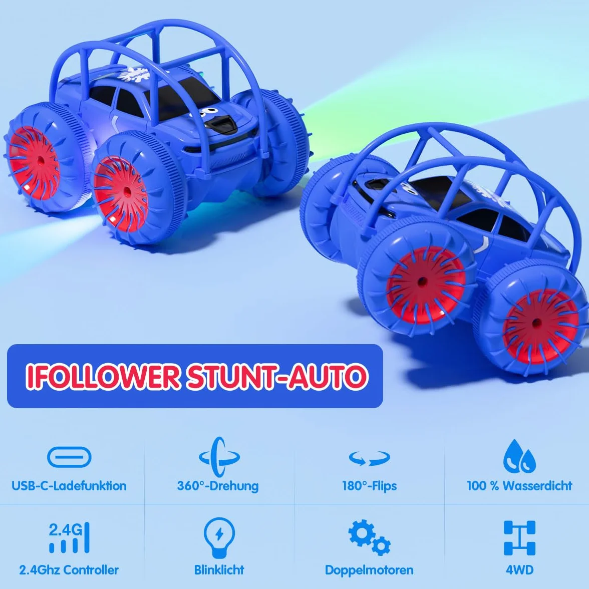 ifollower Coche teledirigido de Carga Directa 2.4GHz 4x4 Monster Truck Drift Cars con luz LED Rotación de 360° Juguetes acuáticos al Aire Libre Regalo Niña Niño 3-12 Años