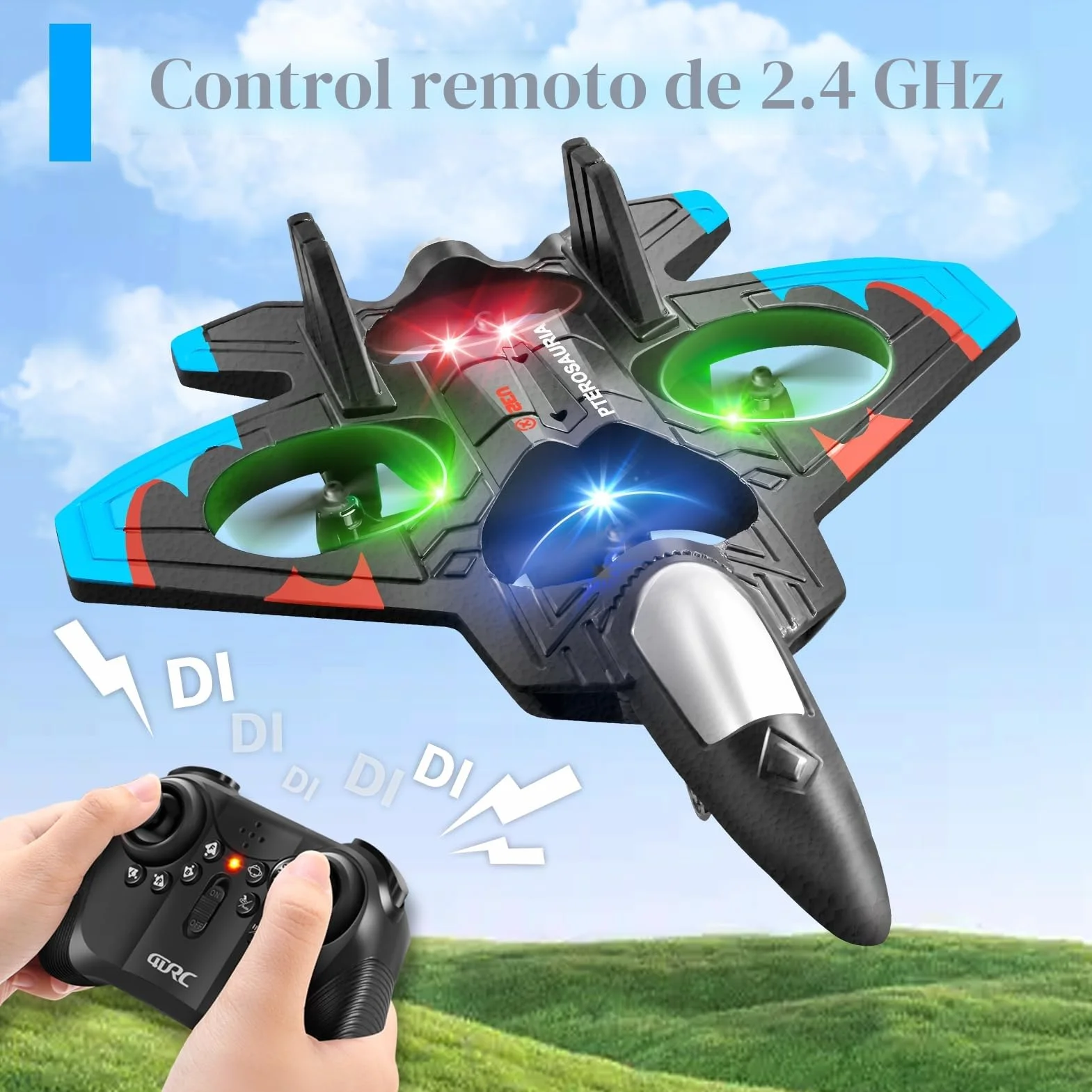4DRC Avión V32 Controlado por Radio, para Niños >8 Años, Jet con Luces, Giro 360°, Mantenimiento de Altura, Modo sin Cabeza, Arranque un Clic, Regalo de Juguete al Aire Libre para Adultos y Niños