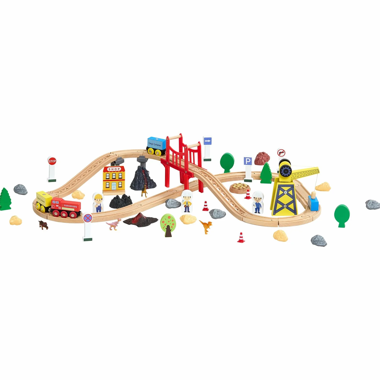 VEVOR Juego de Tren de Madera con Pistas, 70 Piezas con Accesorios, Grúa Magnética Camión Dinosaurio, Diseños Múltiples, Set Educativo, Juguete Compatible con Marcas Principales para Niños 3 a 8 Años