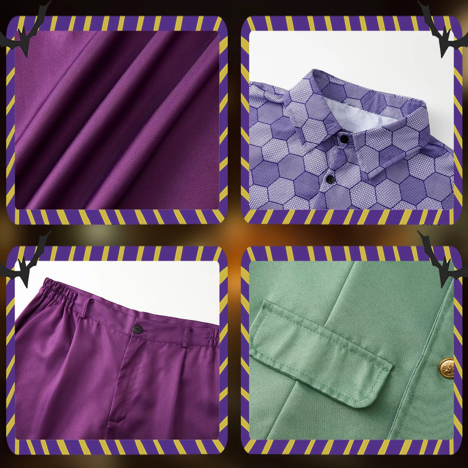 IEEILULU Disfraz Joker Hombre, Disfraz de Payaso Terror Hombre Halloween Disfraz Joker con Abrigo Morado, Chaleco Verde, Pantalones, Corbata, Cuello de Camisa Falso y Guantes para Halloween