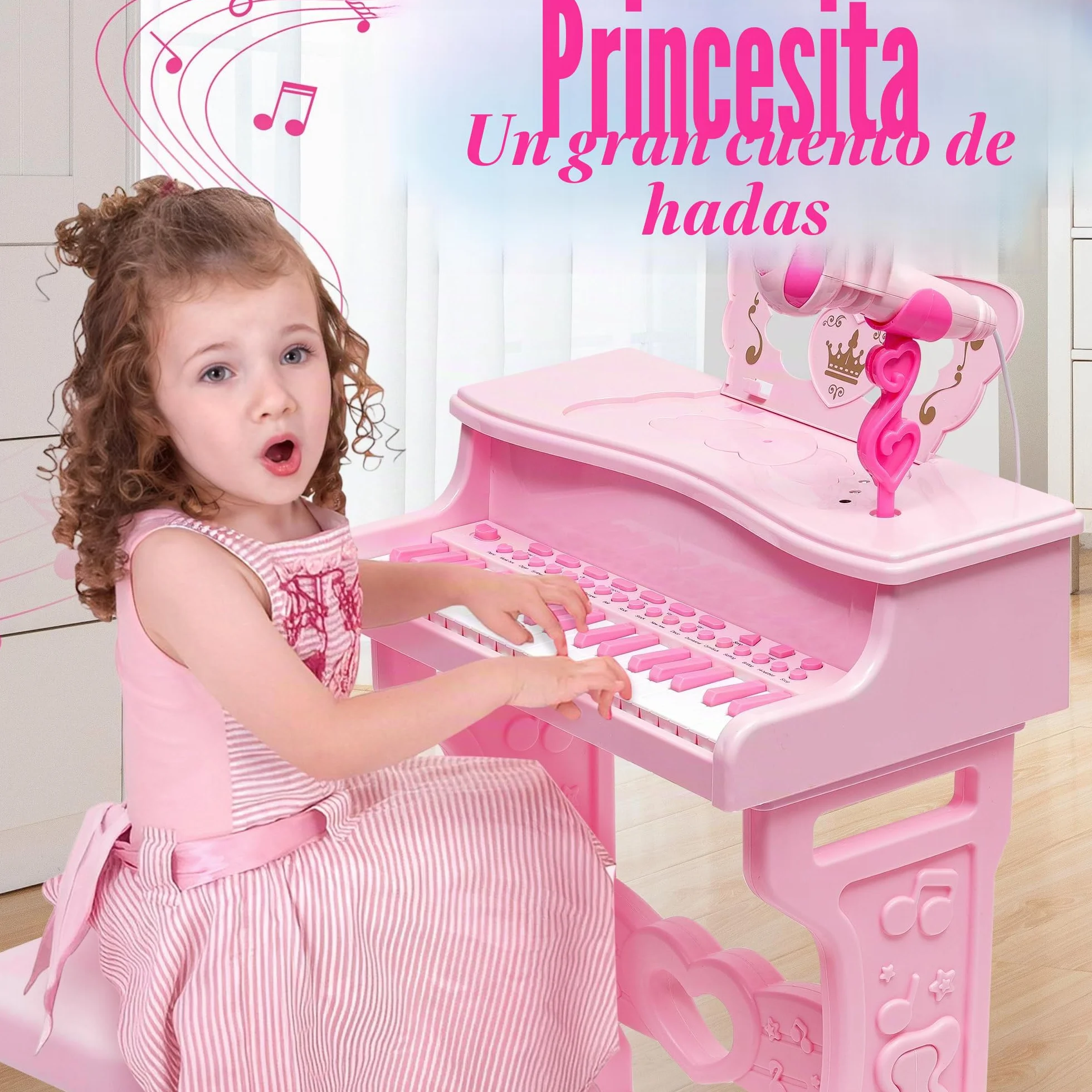 Piano para niños-Instrumento Musical Electrónico con 37 Teclas para niñas,Regalo Juguete Musical Pedagógico con Patas Desmontables,Micrófono,Varios Modos de Música,luz,Taburete (Rosa)
