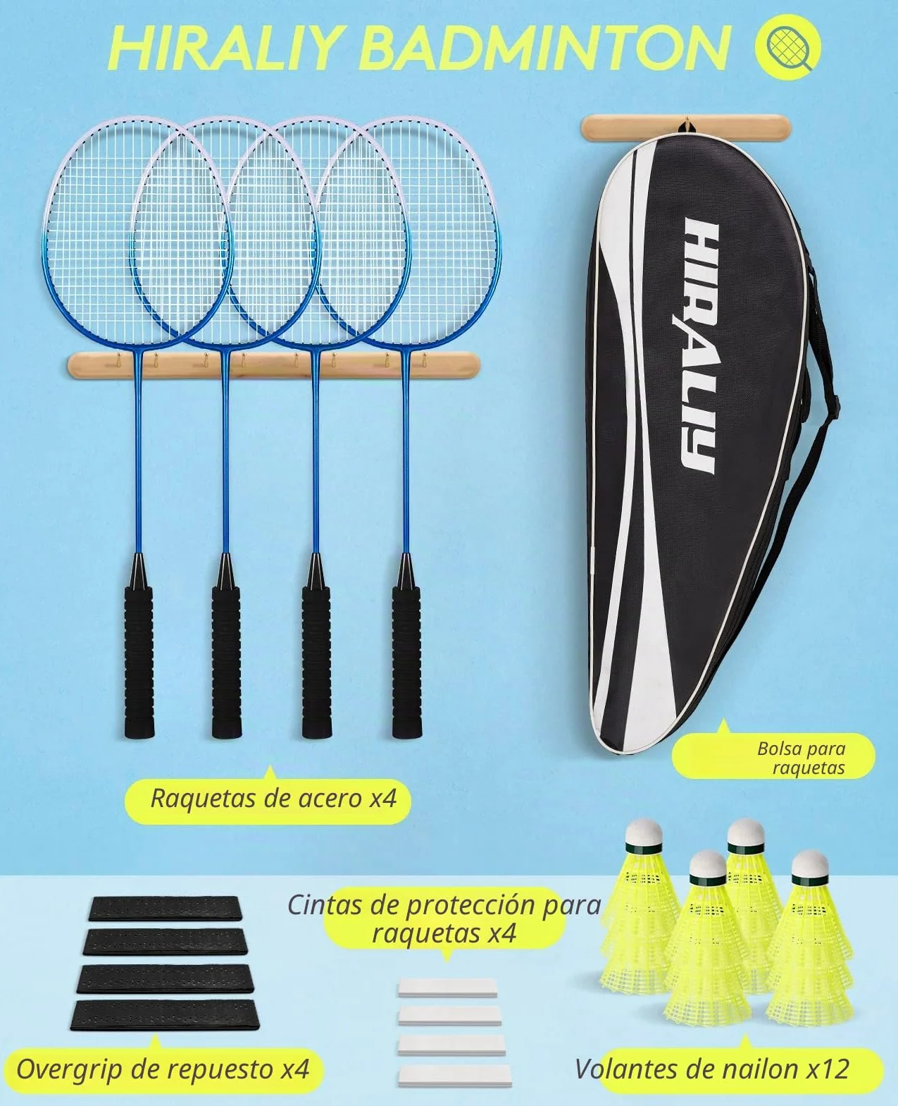 HIRALIY Juego de 4 Raquetas de Bádminton para Exterior con 12 Volantes y Bolsa