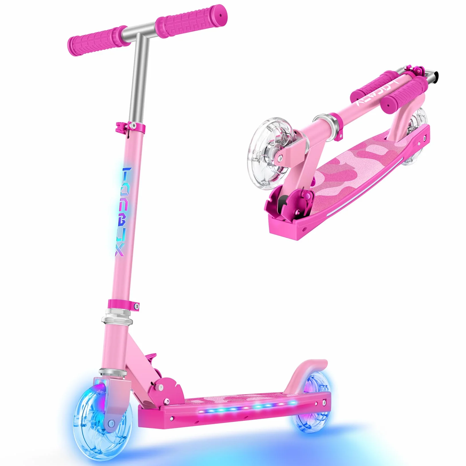 TONBUX Patinete Niños de 5 a 12 Años, Patinete Niños con Poste de Iluminación Fresco, Ruedas y Plataforma, Patinete de Altura Ajustable de Nivel 4, Patinete Ligero Plegable