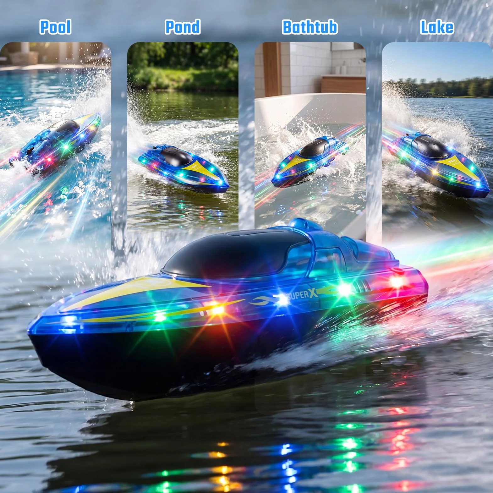 Barco Teledirigido, 2.4GHz Lancha Teledirigida con Luces LED, 2 Baterías, 90+ Mins, Alerta de batería baja, 15KM/H Barco RC para Piscinas Lagos, Juguete acuático para Adultos, niños de 14 años arriba