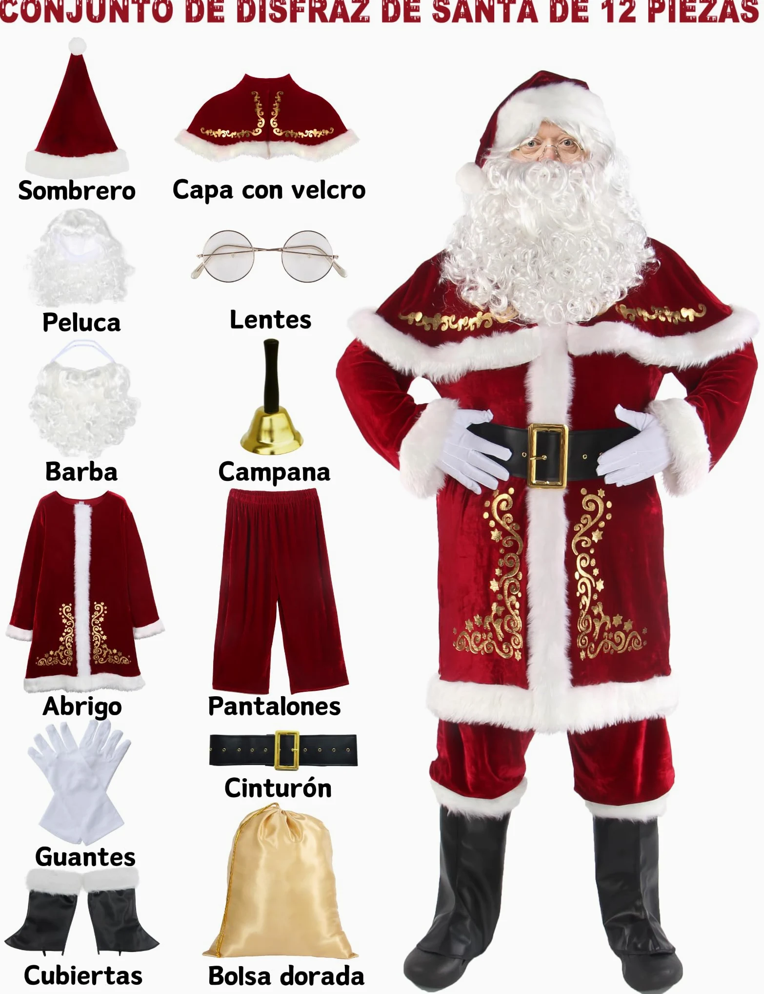 Disfraz de Papá Noel para Hombres, Conjunto de 12 PCS de Navidad para Adultos Traje de Santa Claus de Terciopelo Lujoso Rojo L