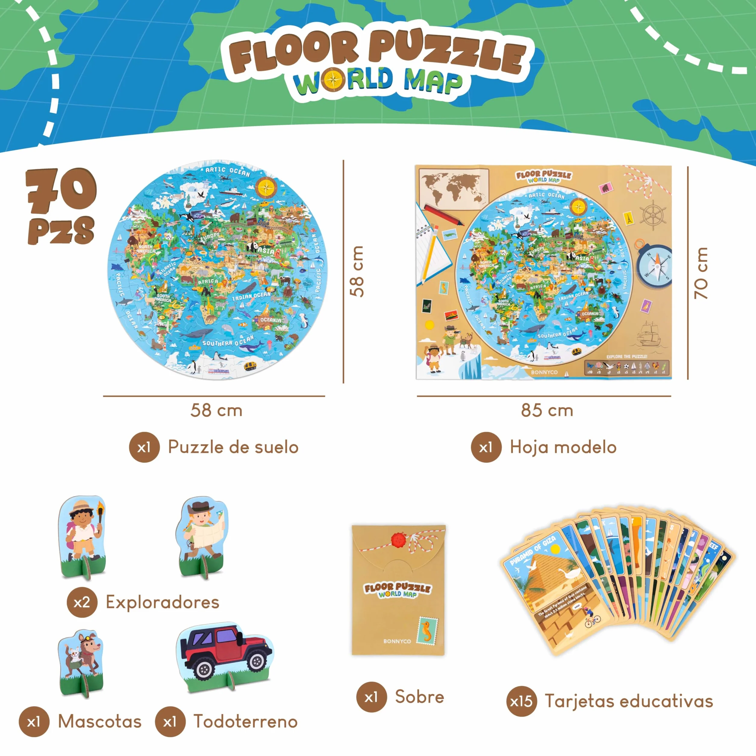 BONNYCO Puzzle XXL Mapa Mundi Niños con 70 Piezas Grandes. Rompecabezas Redondo con Animales, 58 x 58 cm, 15 Tarjetas, 4 Figuras y Guía. Juegos Educativos, Regalos, Juguetes Niños 4 Años