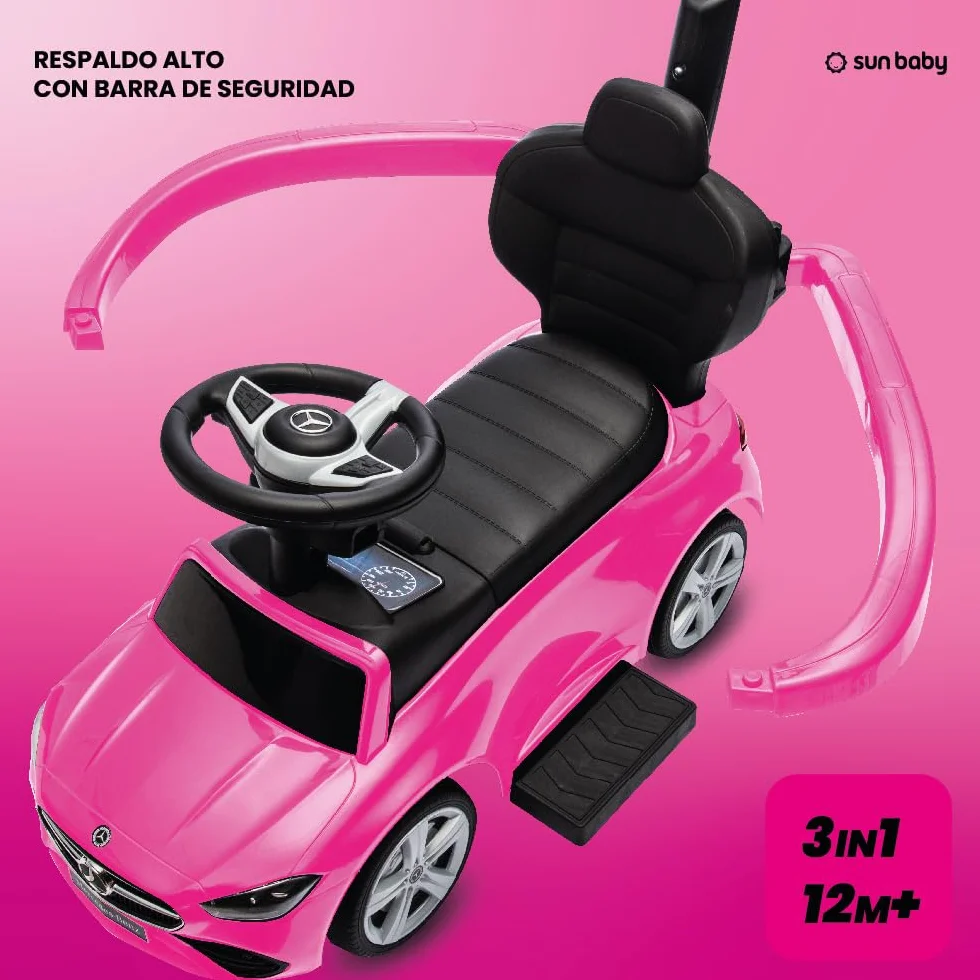 sun baby Coche de Empuje Mercedes C-Class, Coche para Niños a Partir de 1 año, Respaldo Alto, Volante con Audio, reposapiés Extensibles, Compartimento portaobjetos (Rosa)