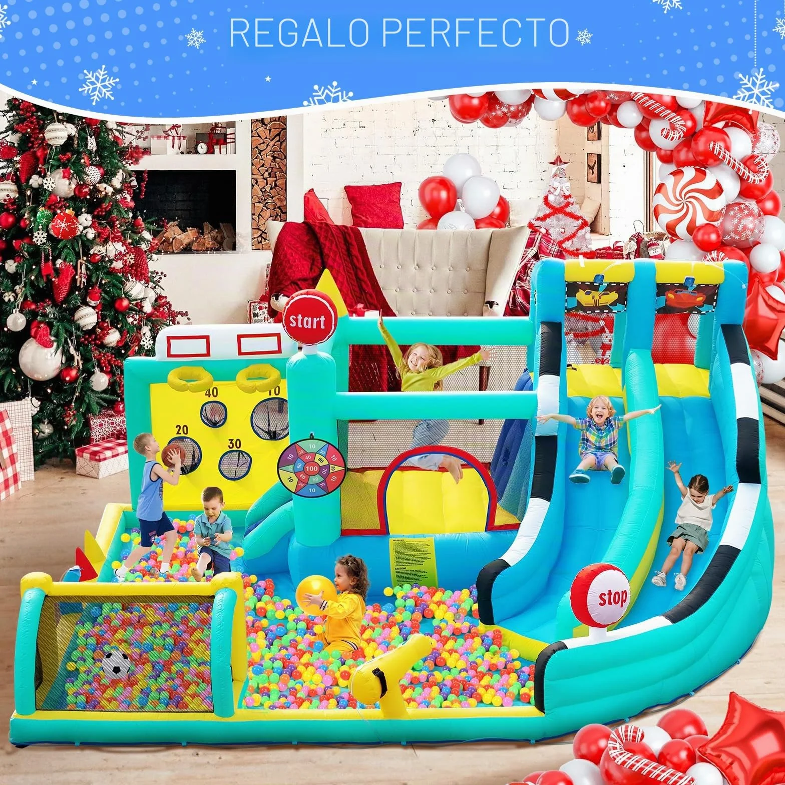 Castillo Hinchable Grande con Tobogán de Agua y Soplador, para Niños con Trampolín, Rocódromos, Baloncesto, Piscina, Peso 225 kg, para 4 Niños de 3 a 10 Años, 470×400×220 cm