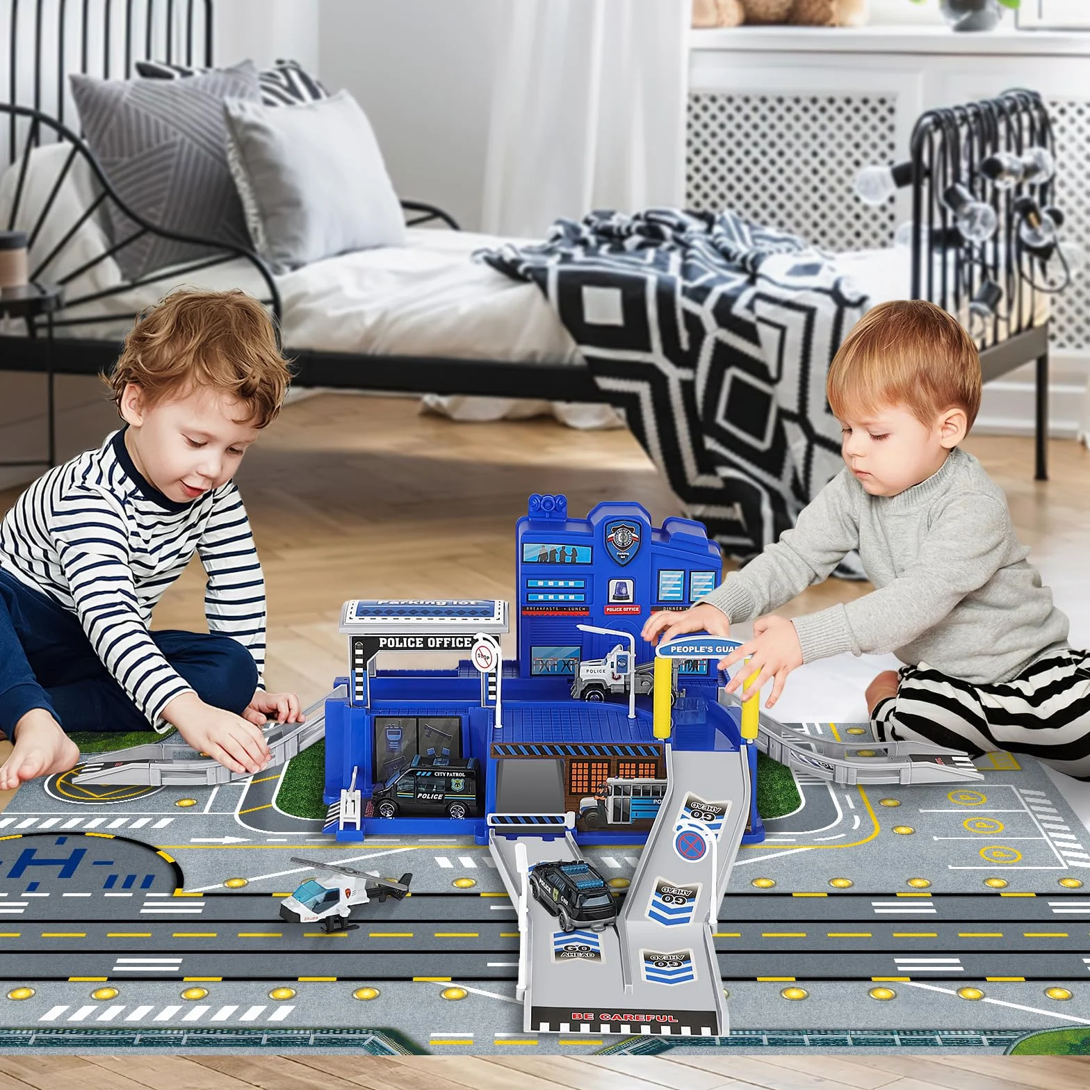 deAO City Estación de Bomberos, Departamento de Policía, Estación de Construcción, Base Militar, Helicóptero, Camión, Mapa, Regalo para Niños y Niñas de 6 Años (Azul)