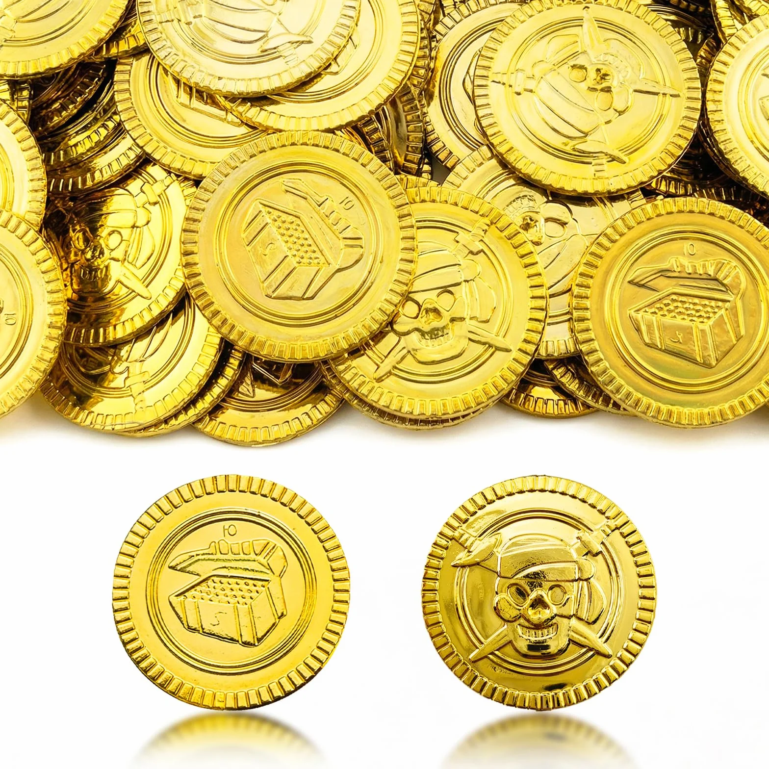 100 Piezas Piratas Monedas Juguete plástico Set | con Caja Transparente | Búsqueda del Tesoro Monedas de Oro, | Ideal para Decorar Fiestas de cumpleaños, sorteos de la Suerte, etc.
