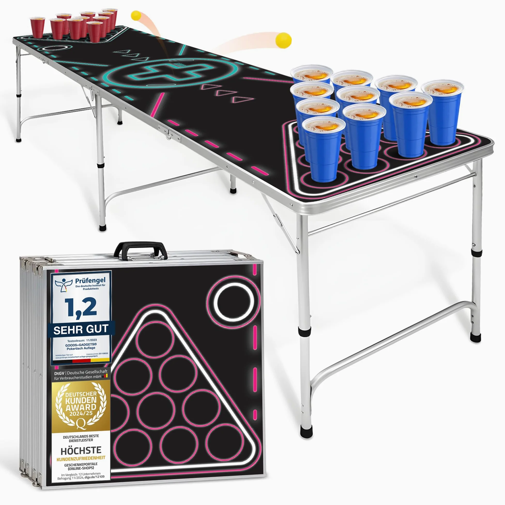 GOODS+GADGETS Mesa Plegable para Beer Pong - Mesa para Beer Pong con Altura Ajustable y Resistente a los arañazos Cualquier Fiesta (Neón)