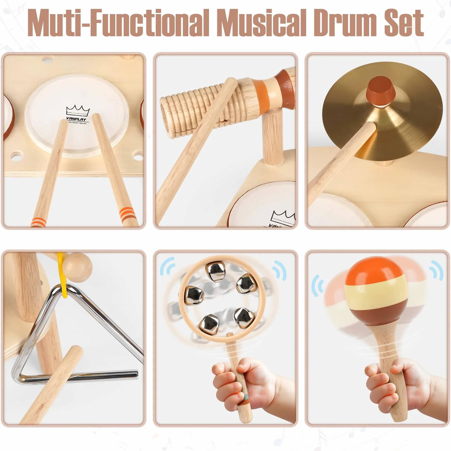 Vanplay Juguetes musicales para bebés de 1 año en adelante con 3 tambores y sonajero de cascabeles, tambor infantil juguete musical, juguete Montessori para niños y niñas a partir de 1 año